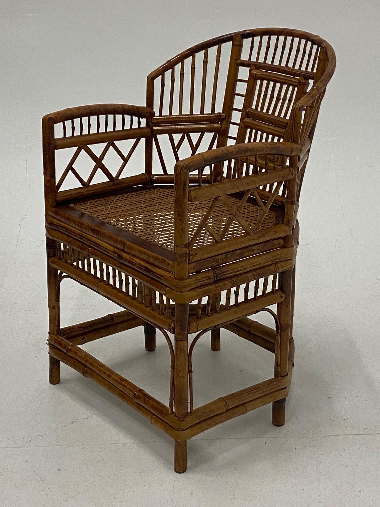 Classic Brighton Pavillion form bamboo armchair having wonderful workmanship and caned seat.