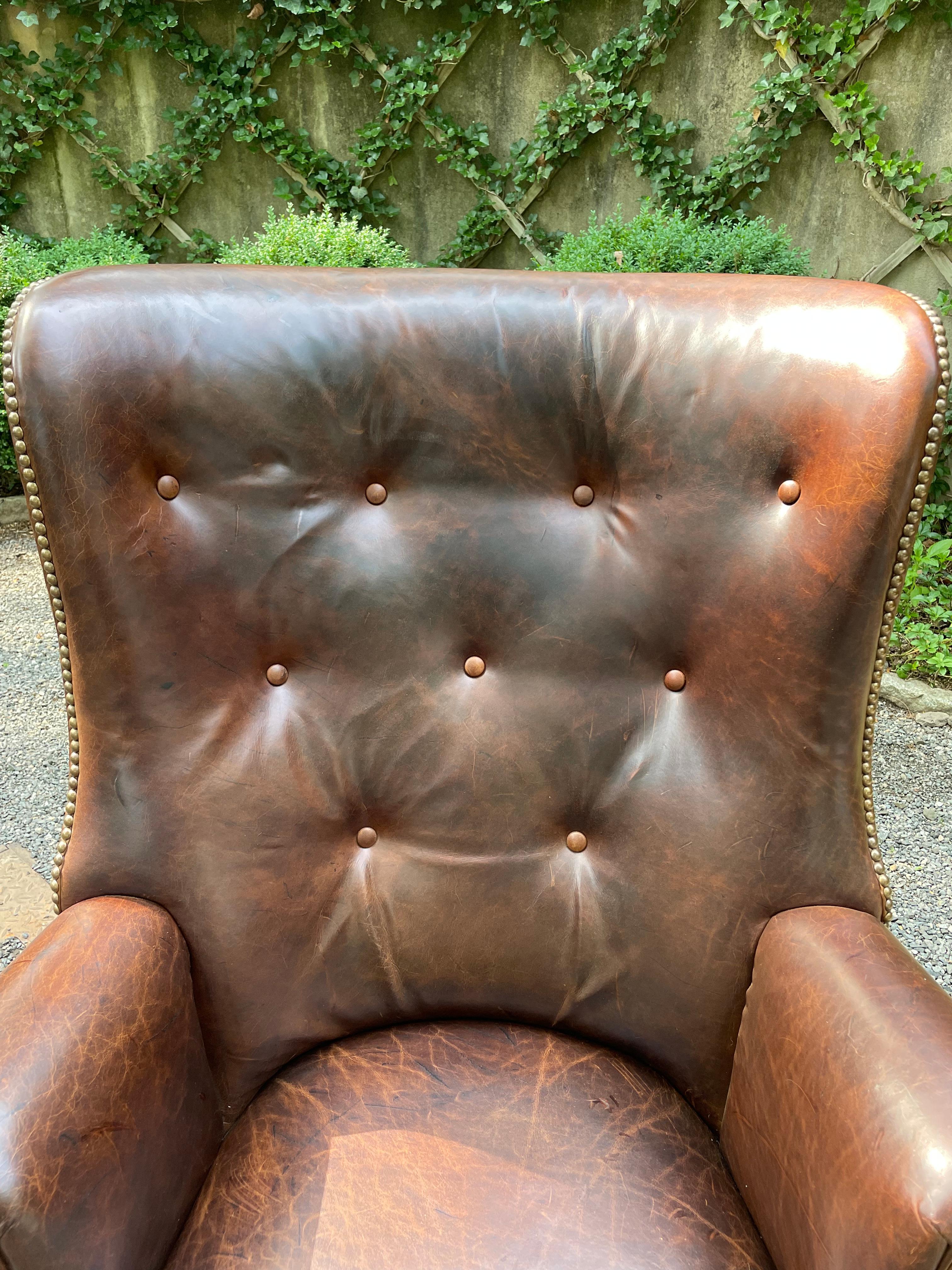 Chippendale Classic Chocolately Leather Wingback Chair For Sale