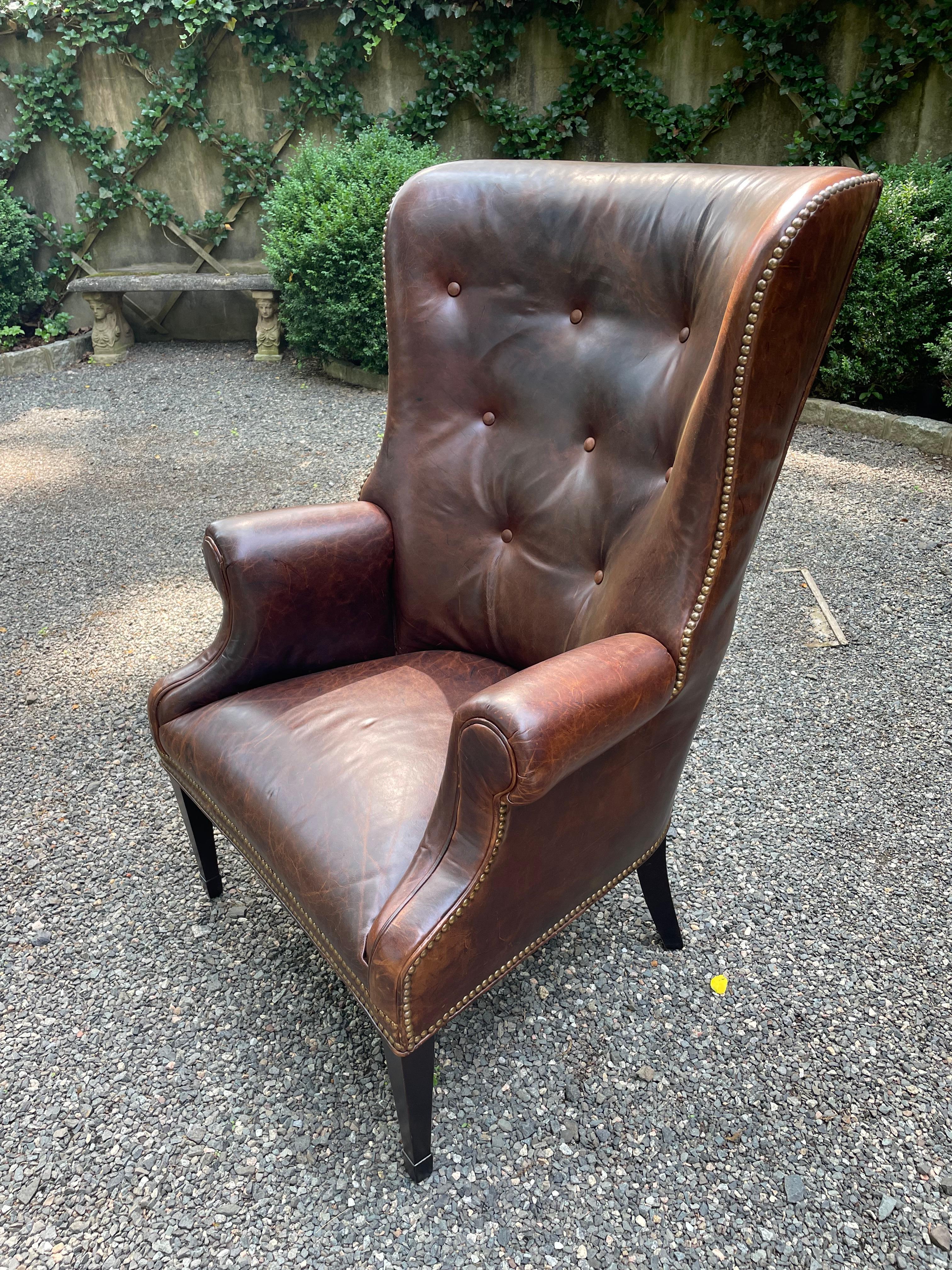 English Classic Chocolately Leather Wingback Chair For Sale