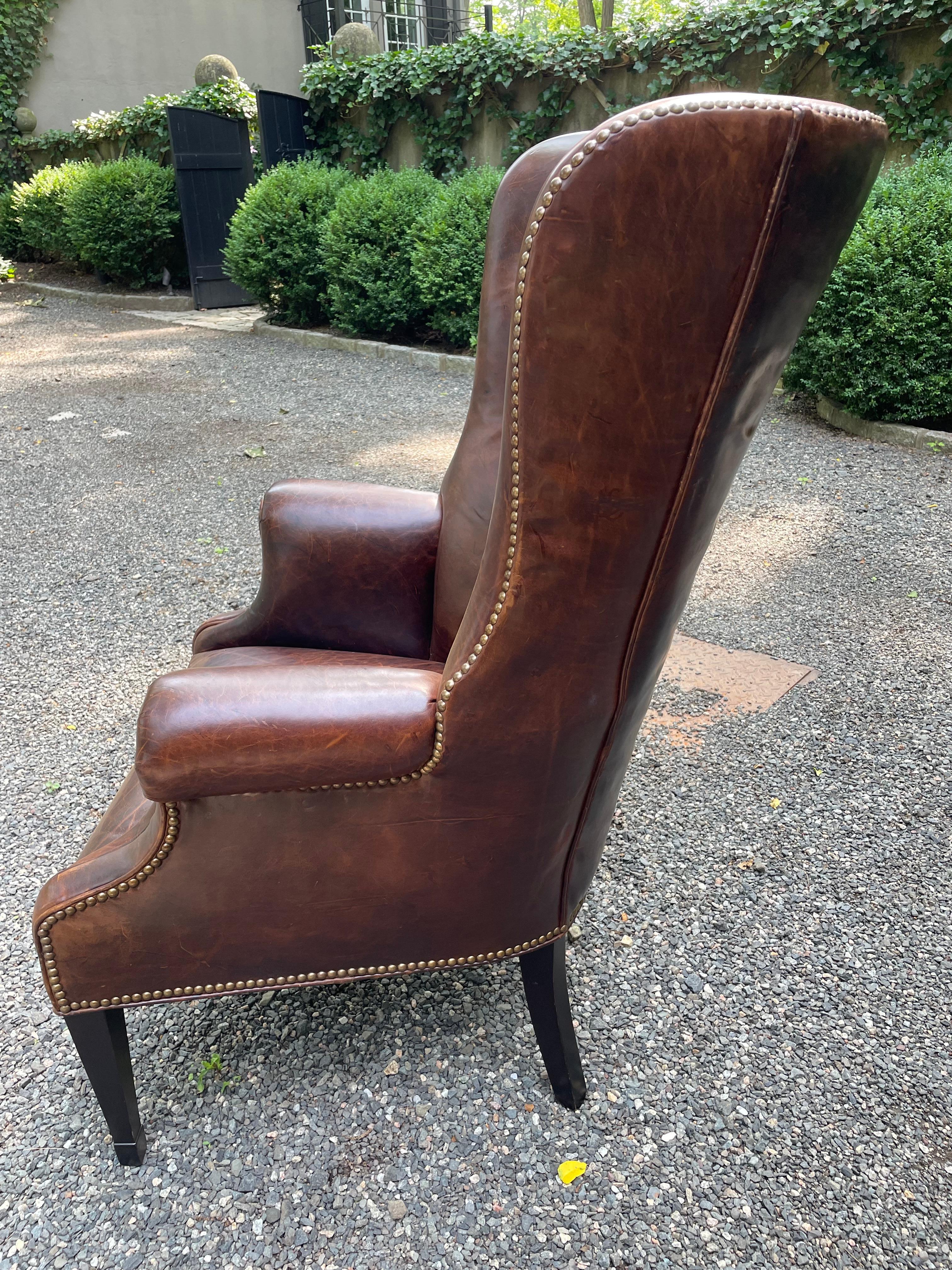 Classic Chocolately Leather Wingback Chair In Good Condition For Sale In Hopewell, NJ