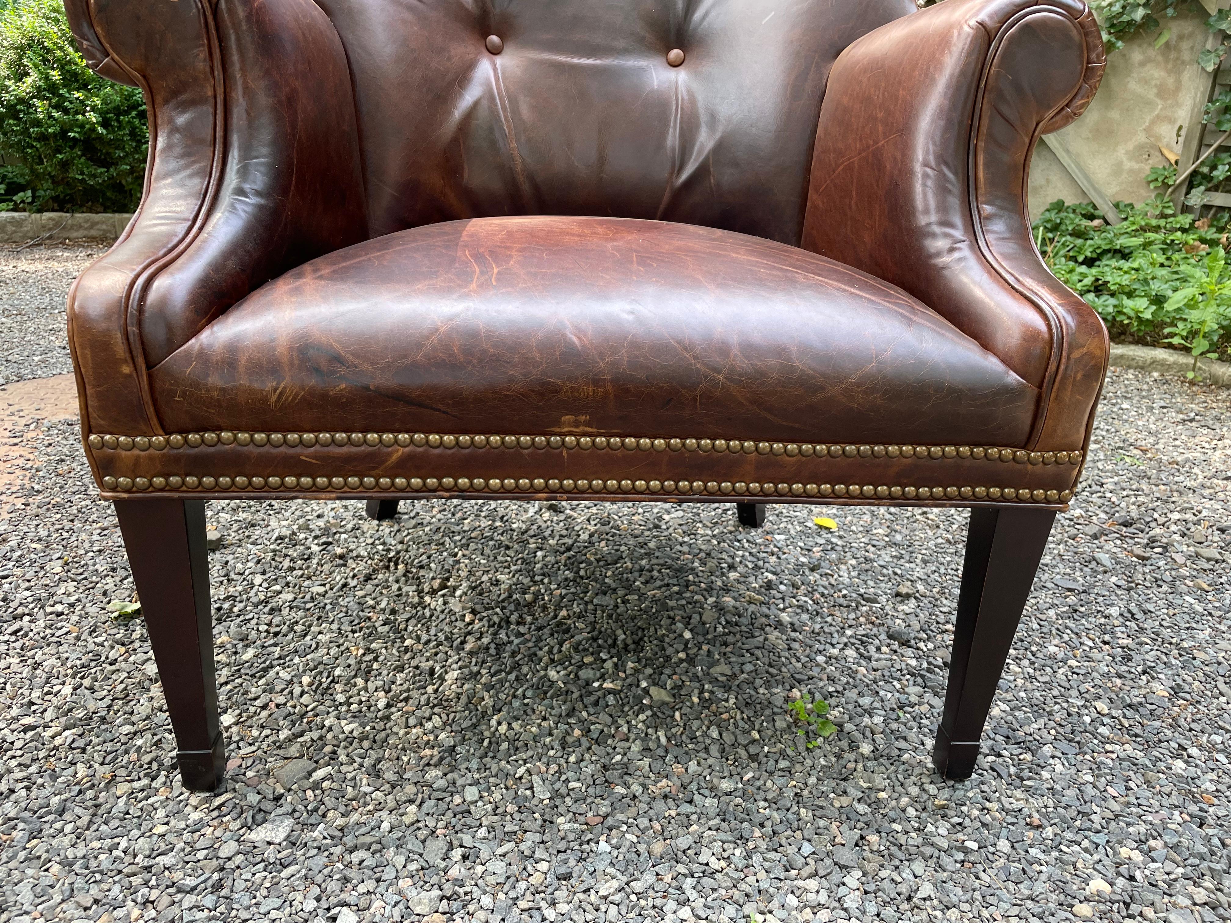 Contemporary Classic Chocolately Leather Wingback Chair For Sale