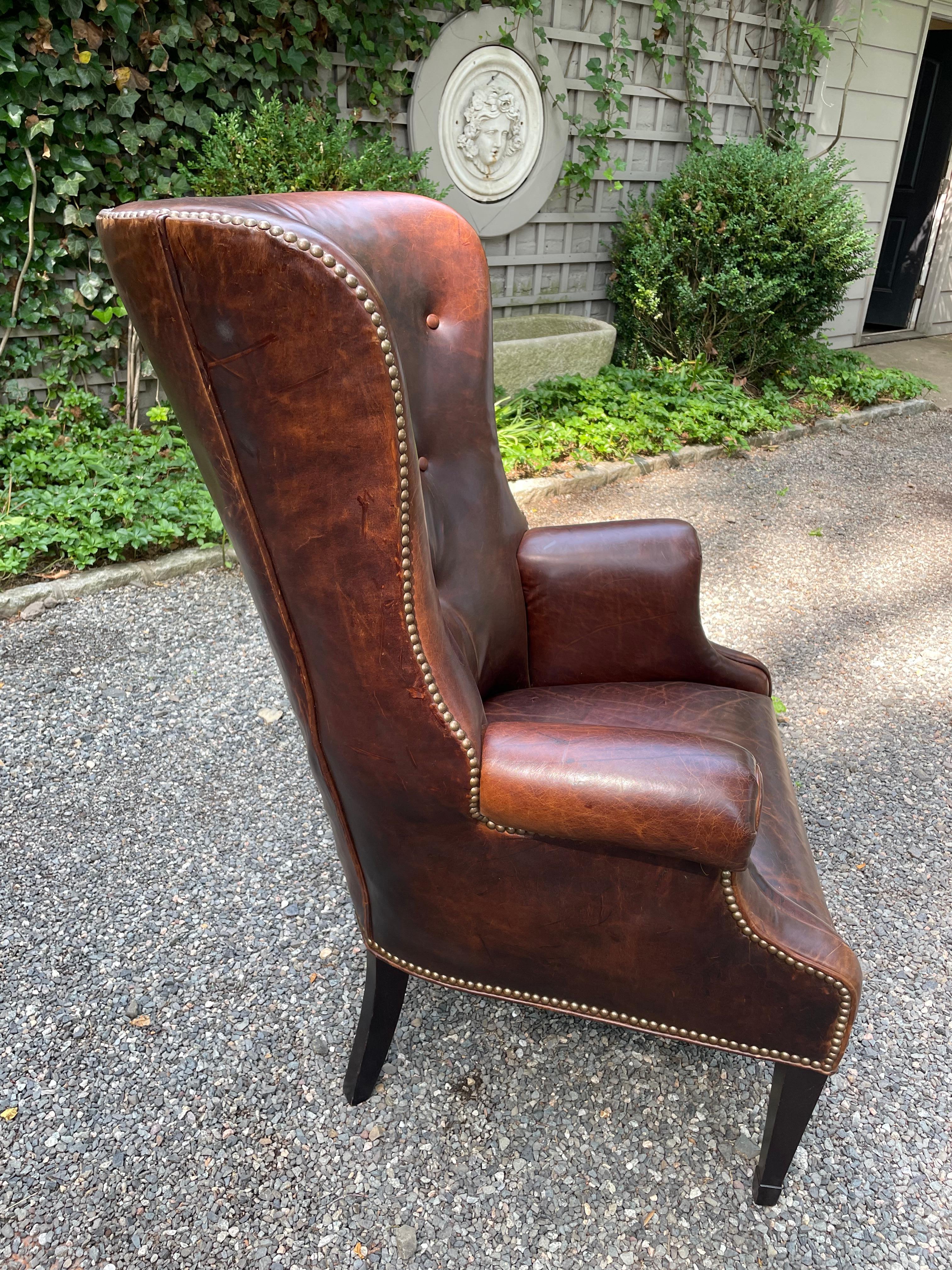 Classic Chocolately Leather Wingback Chair For Sale 1
