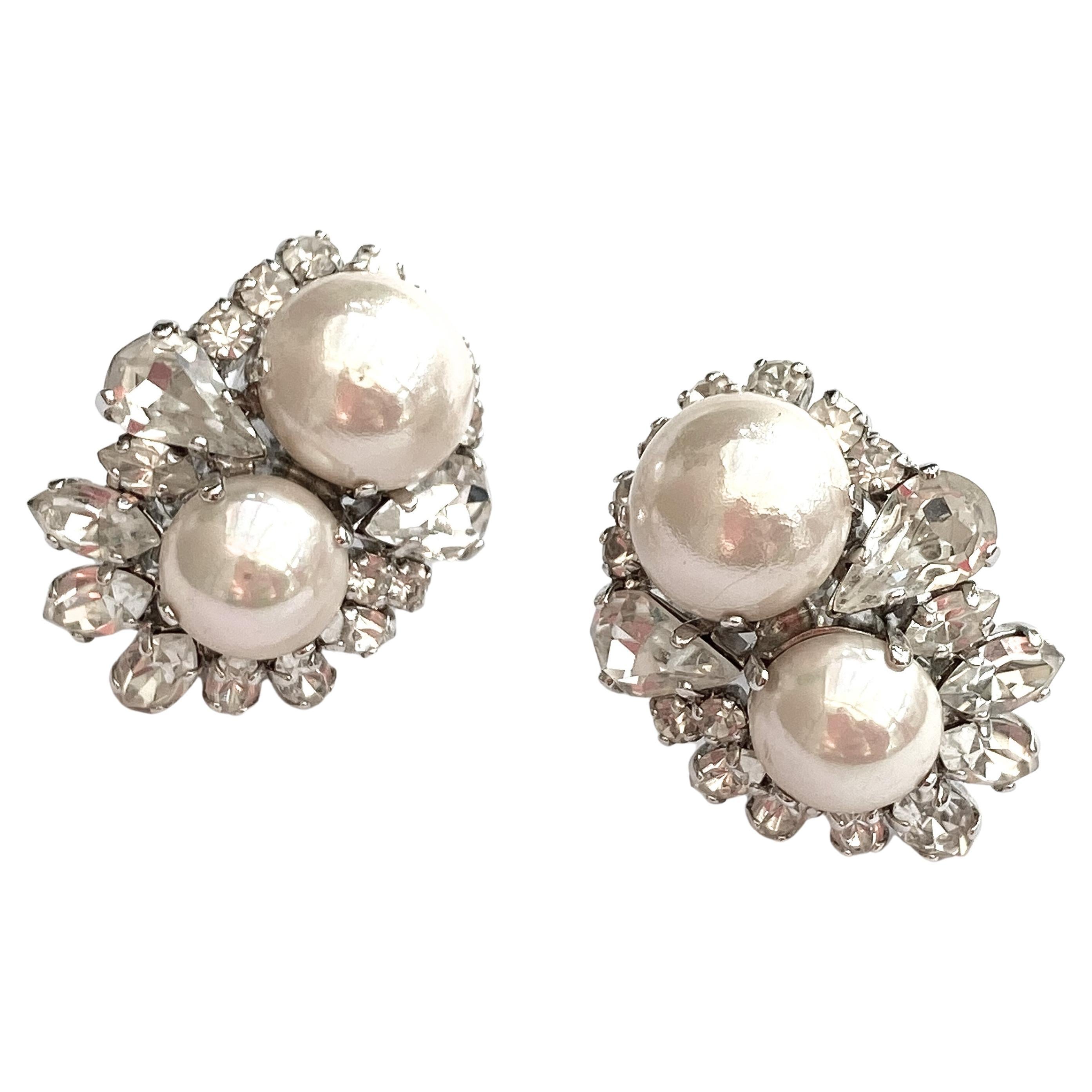 Simple, classic Dior - beautiful wearable 'cluster' style earrings from Christian Dior, made with Austrian pastes and rich faux pearls, sitting comfortably in their box. Designed in Paris but made in Germany by renowned Henkel and Grosse for Dior,