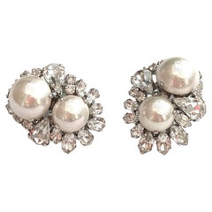Classic clear paste and pearl cluster earrings, Christian Dior, 1970s, with box.