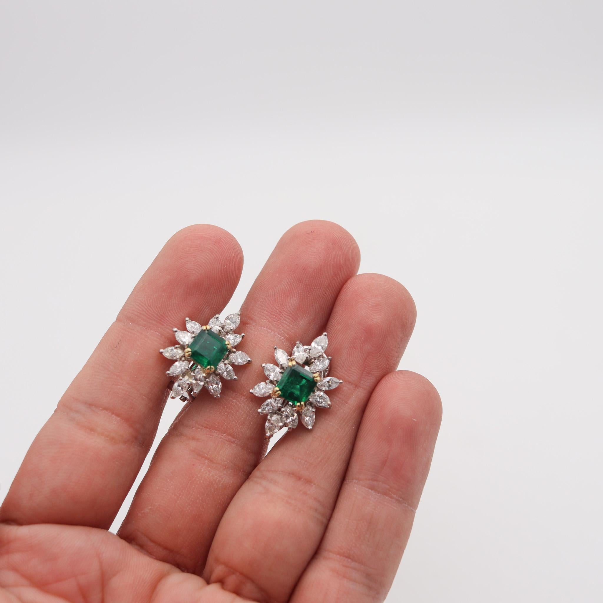 Mixed Cut Classic Cluster Earrings In 18Kt Gold With 7.78 Carats In Diamonds And Emeralds For Sale