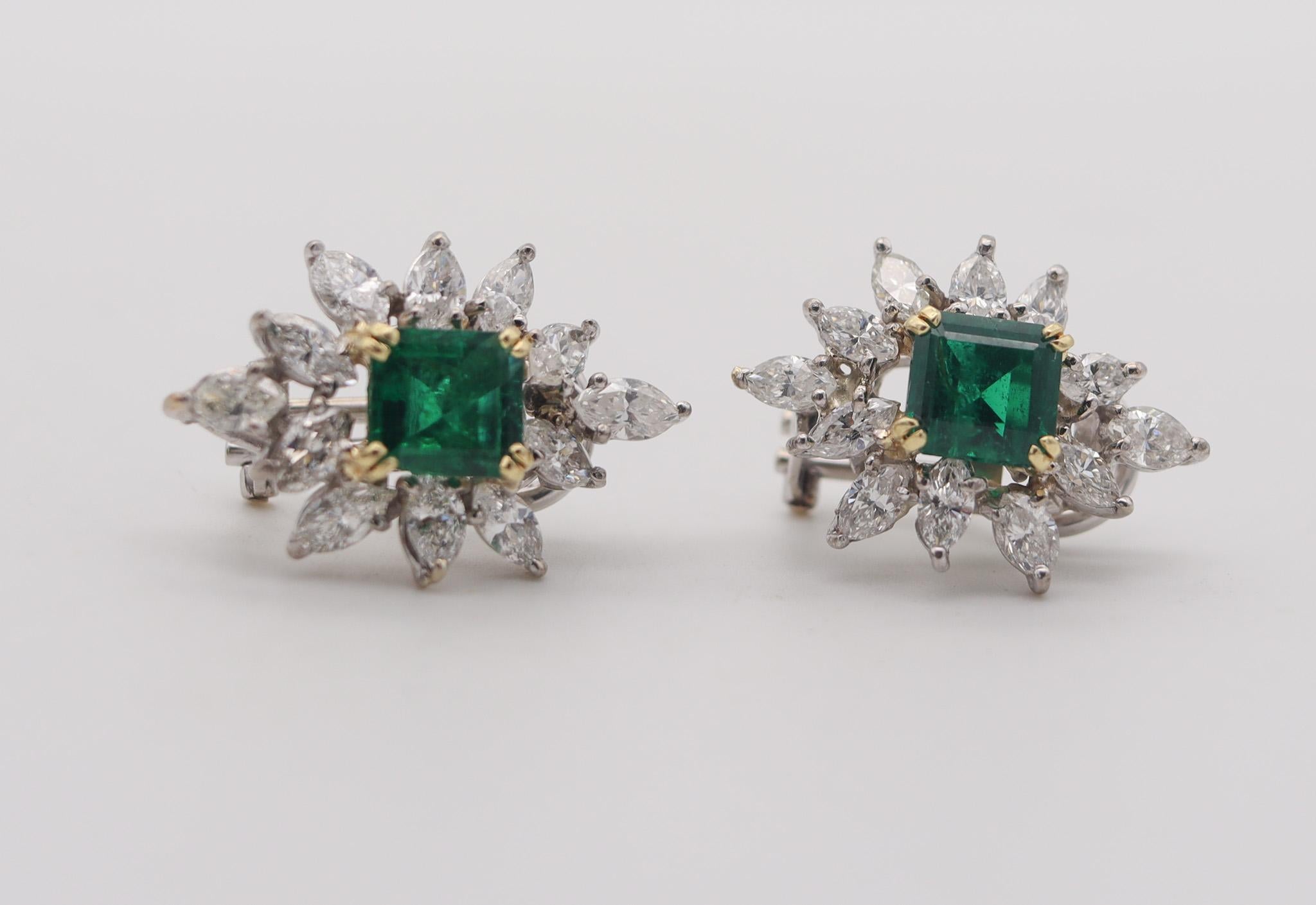 Classic Cluster Earrings In 18Kt Gold With 7.78 Carats In Diamonds And Emeralds In Excellent Condition For Sale In Miami, FL