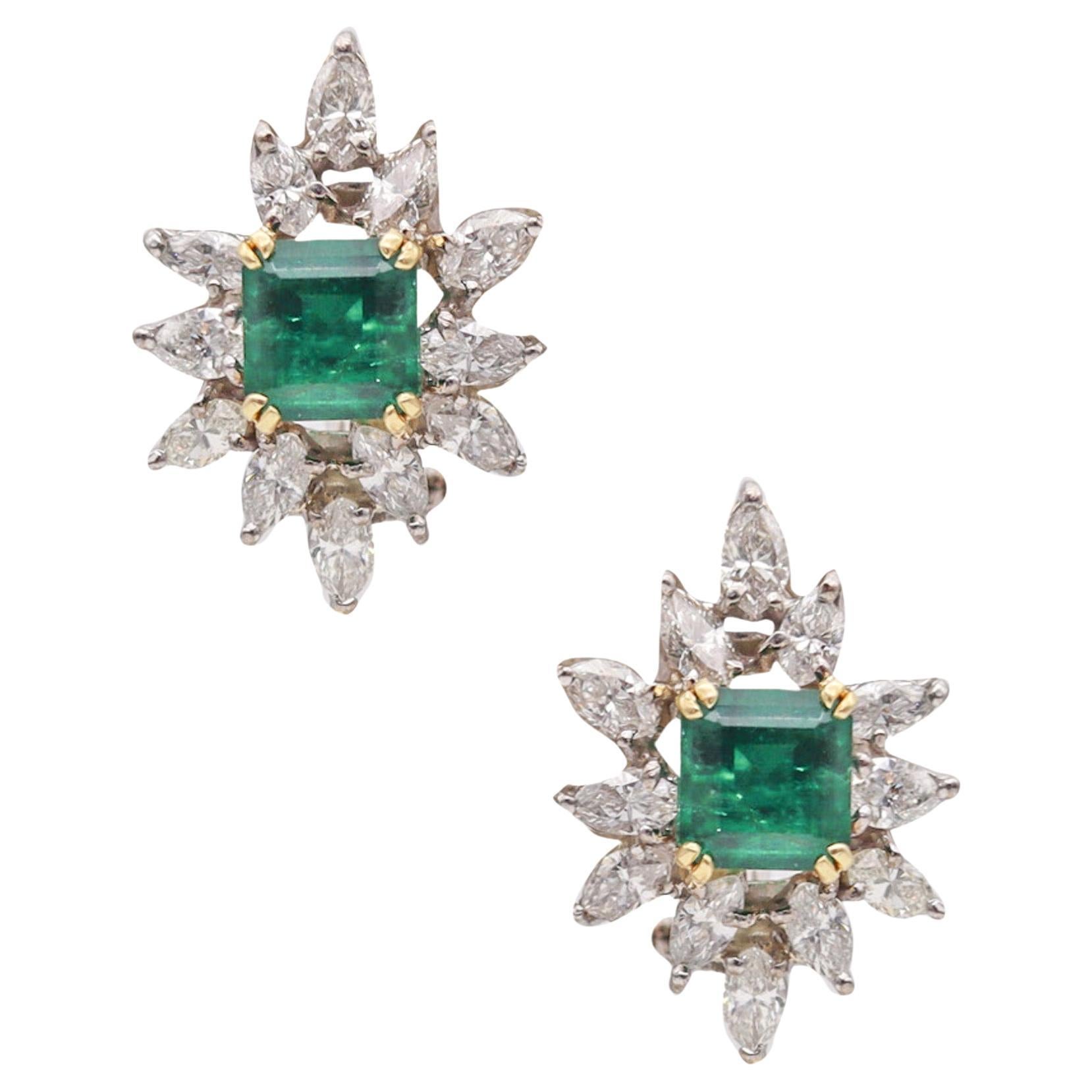 Classic Cluster Earrings In 18Kt Gold With 7.78 Carats In Diamonds And Emeralds For Sale