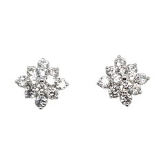 Classic Cluster Flower Style Diamond Stud Earrings in 18 Karat White Gold