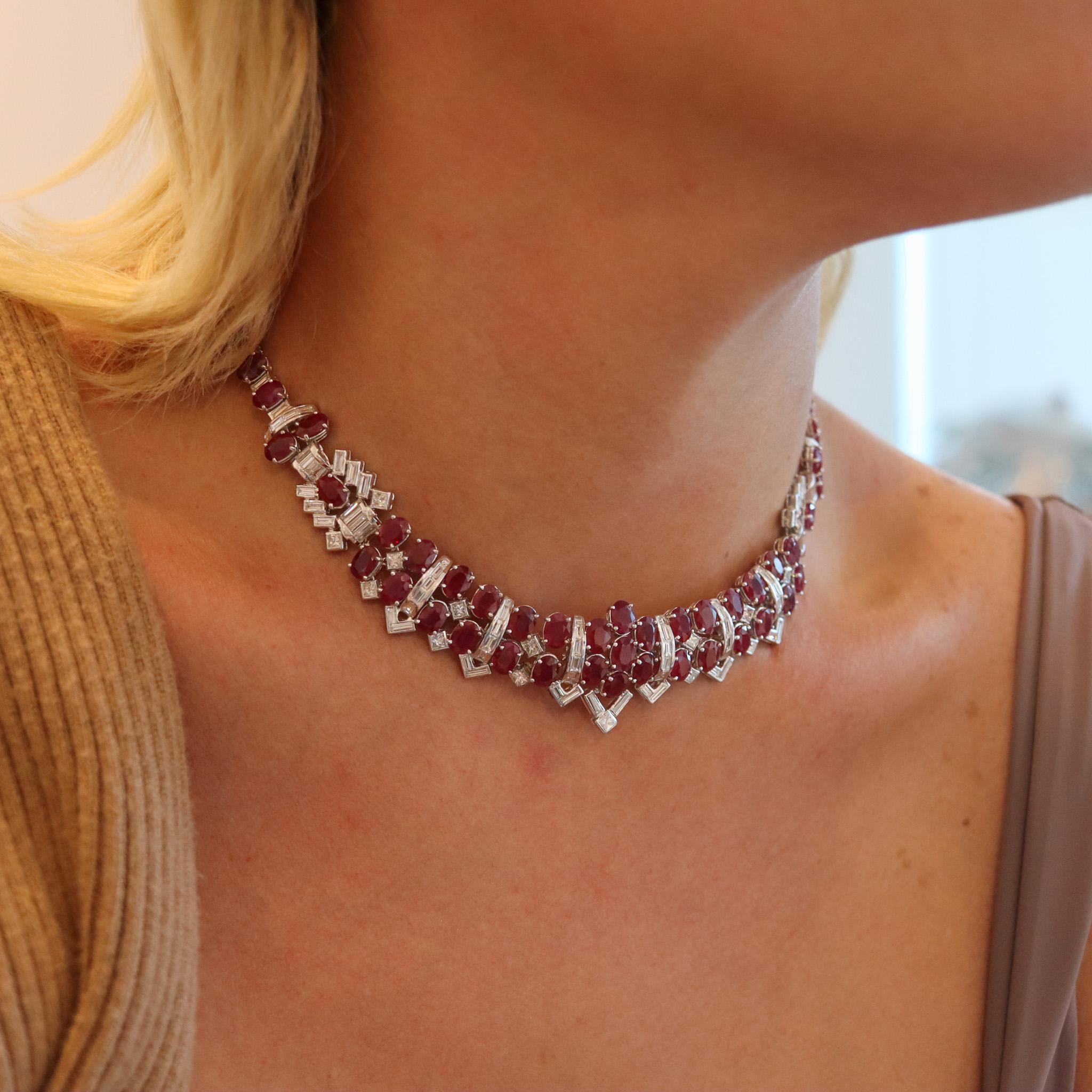Classic Cocktail Necklace In 18Kt White Gold With 69.76 Cts In Rubies & Diamonds 1