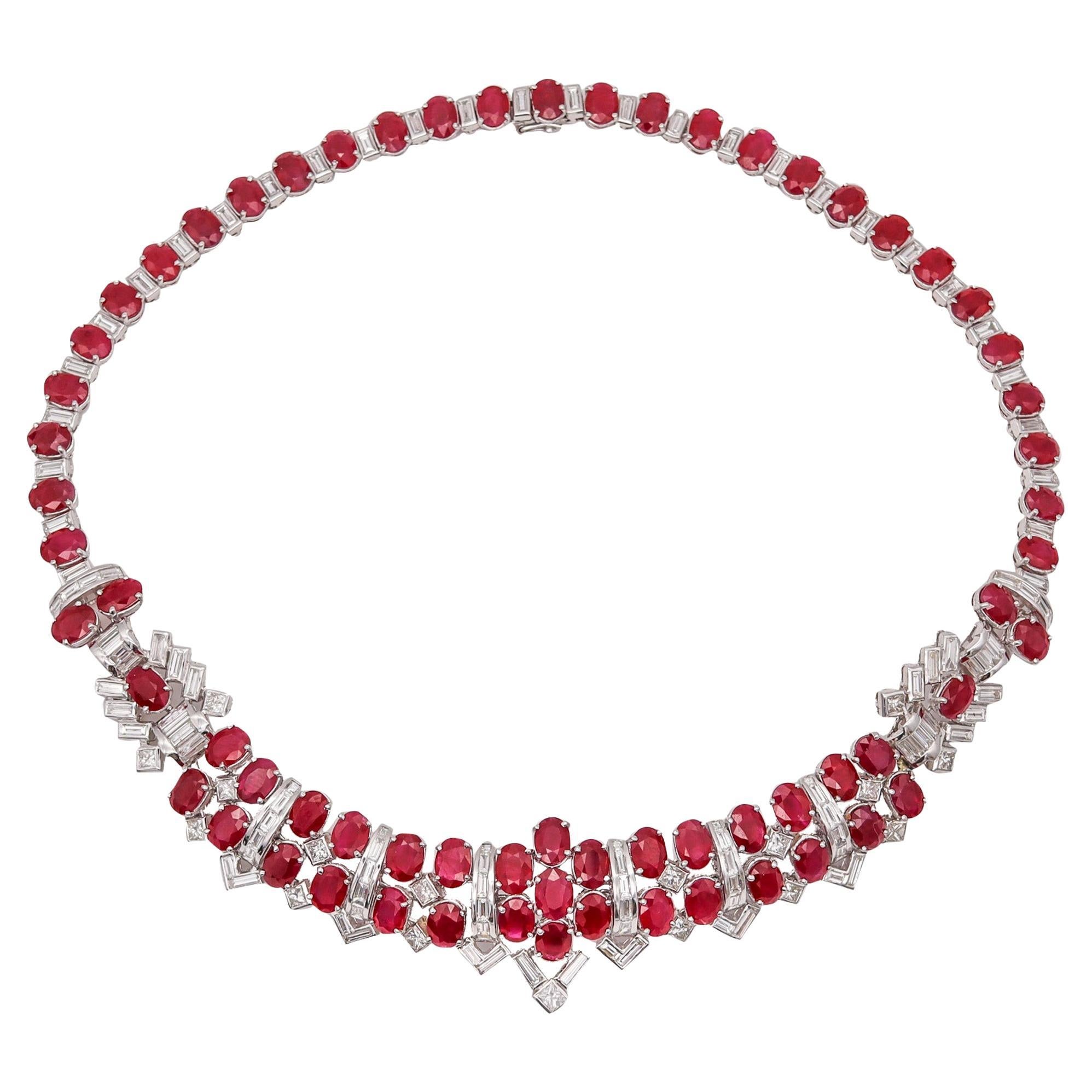 Classic Cocktail Necklace In 18Kt White Gold With 69.76 Cts In Rubies & Diamonds