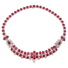 Classic Cocktail Necklace In 18Kt White Gold With 69.76 Cts In Rubies & Diamonds