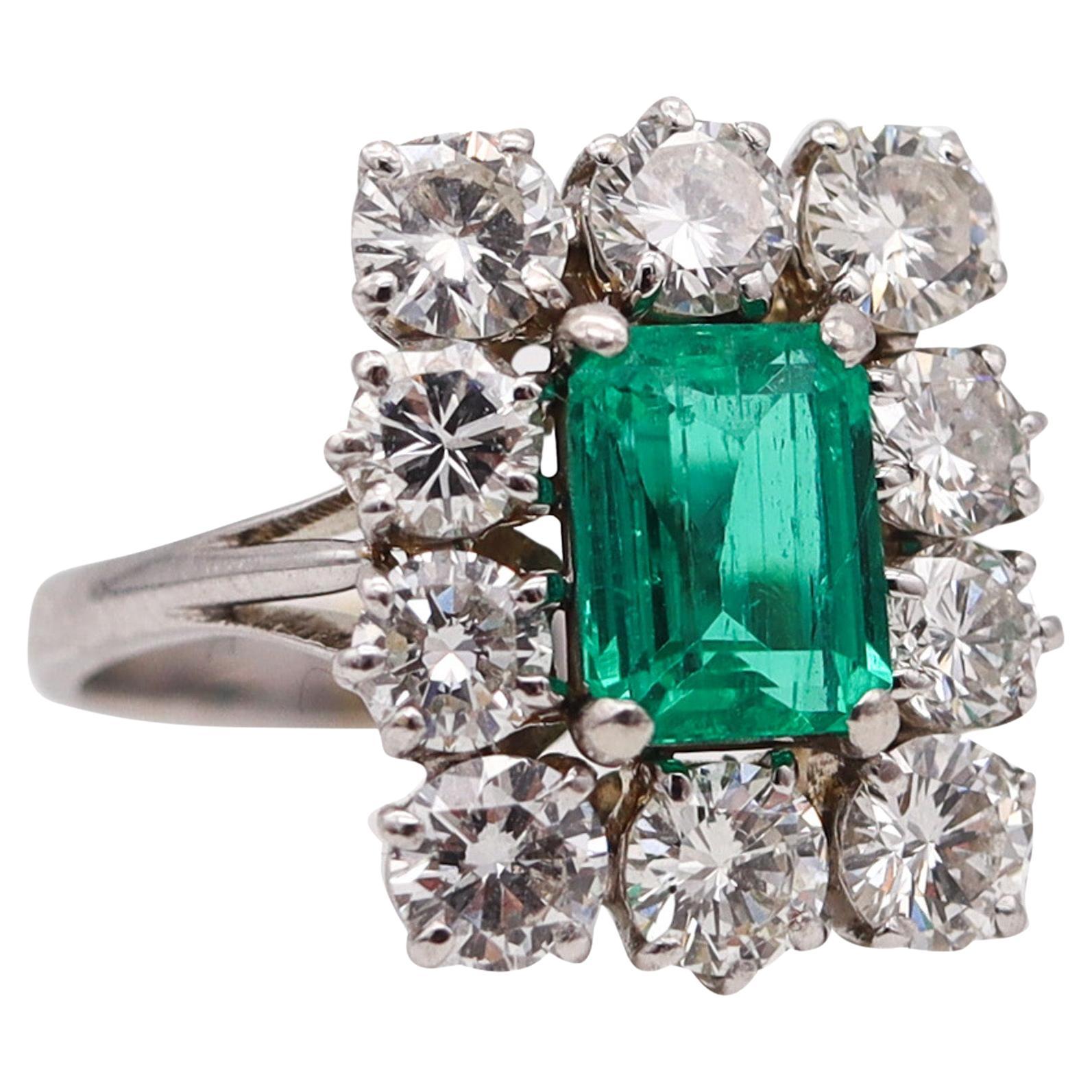 Classic Cocktail Ring in 18kt White Gold with 3.72 ctw in Diamonds & GIA Emerald