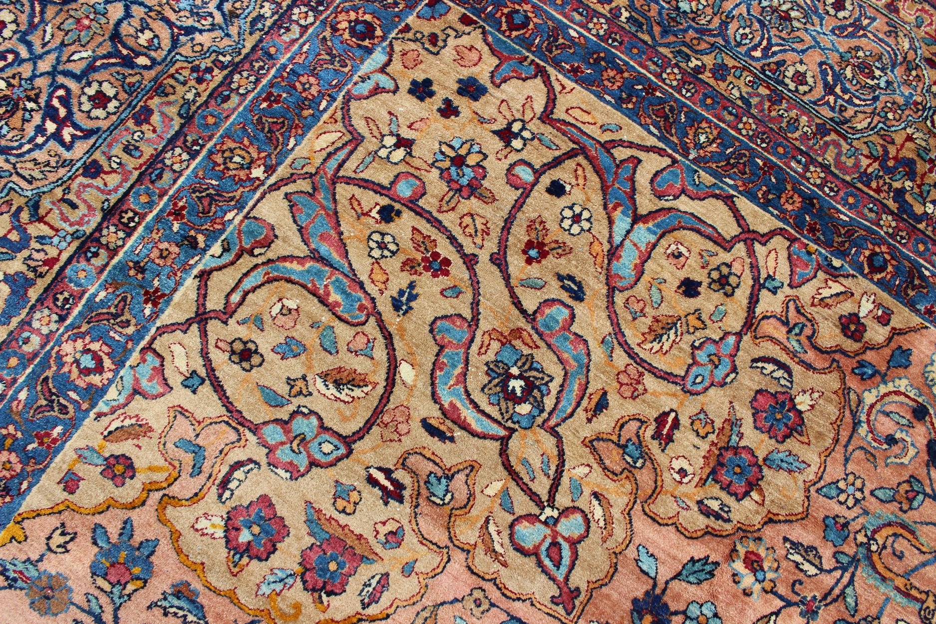 Classic Colorful Antique Large Lavar Kerman Persian Rug in Salmon Background For Sale 6