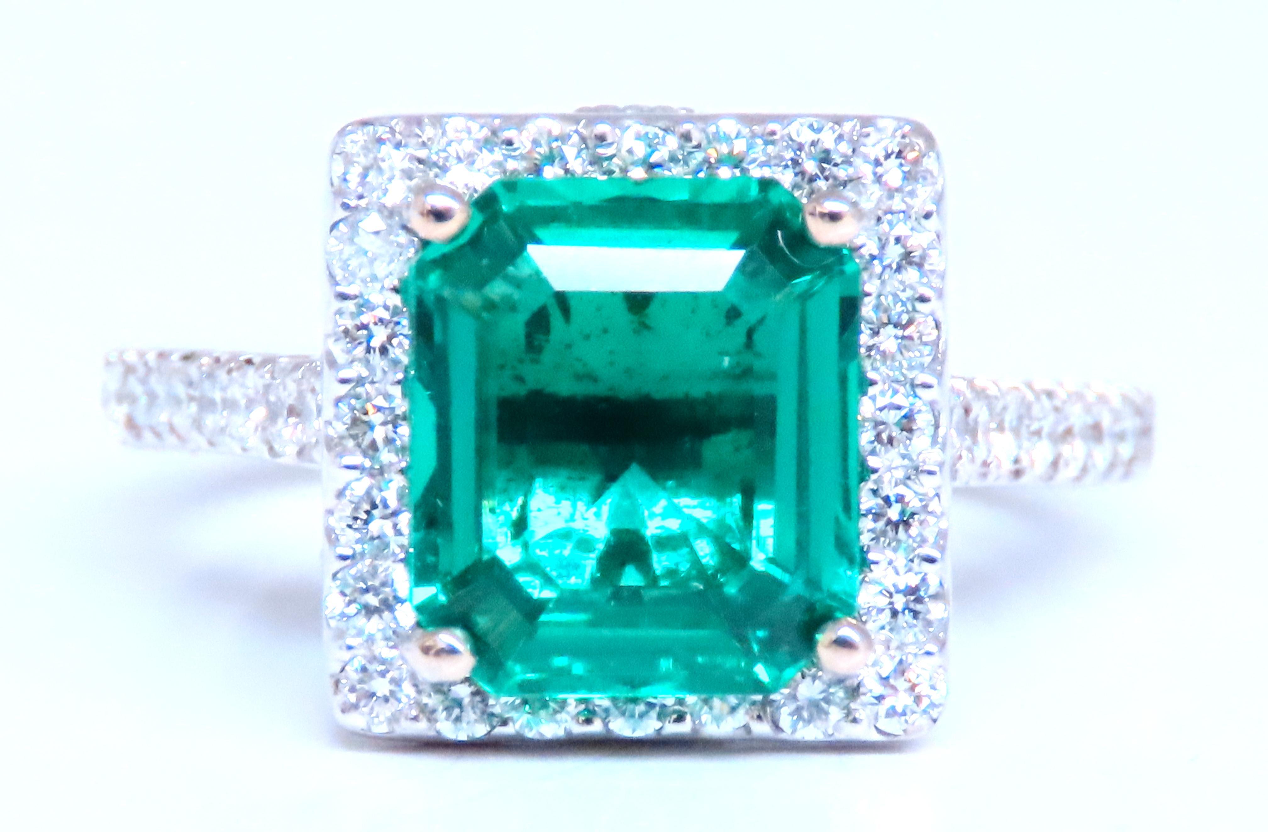 4ct lab created emerald 
color of classic de Columbiano
8.5 x 9mm 
clean clarity and transparent 
0.90ct natural diamonds
g-color vs-2 clarity 
7.1 grams
size 6/12 
depth of ring 11.5mm x 11.5mm
$6,000.00 appraisal to accompany