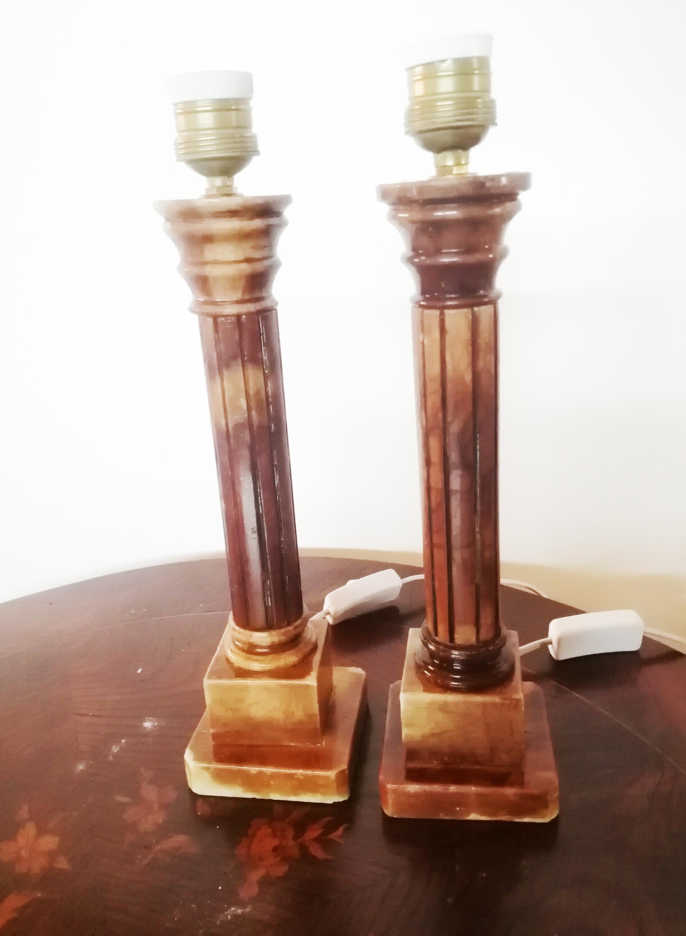 Table Lamps, Classic Column Form Brown Alabaster Pair, Italy, 20th Century 4