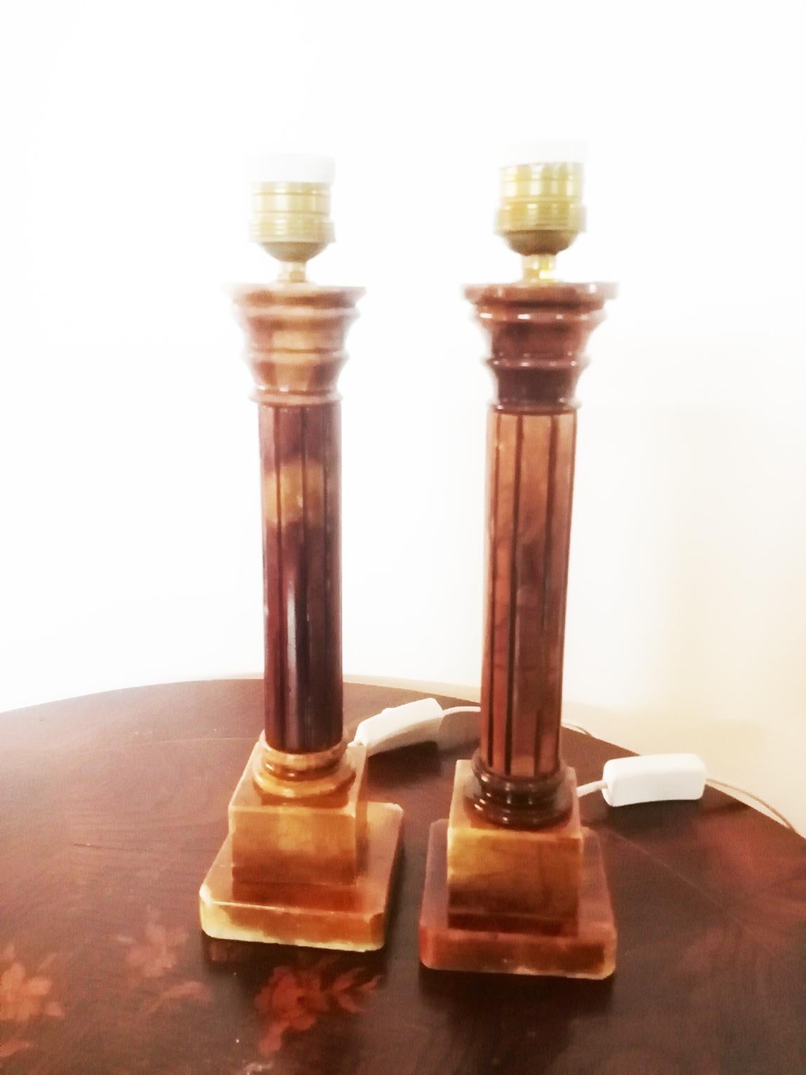Table Lamps, Classic Column Form Brown Alabaster Pair, Italy, 20th Century 6