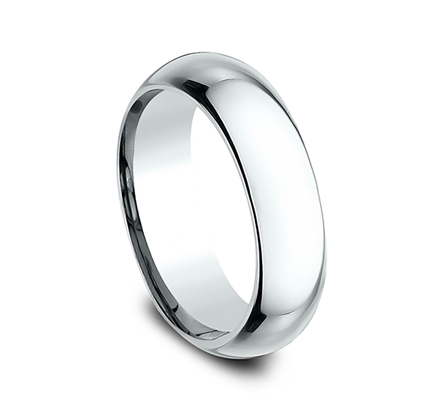Benchmark wedding band in 14K white gold polished finish. Width 6mm, high dome comfort fit. Custom engraving and finishing available. Size 11 US and resizable upon request. Available in 1/4, 1/2, and 3/4 sizes, for more information please message us
