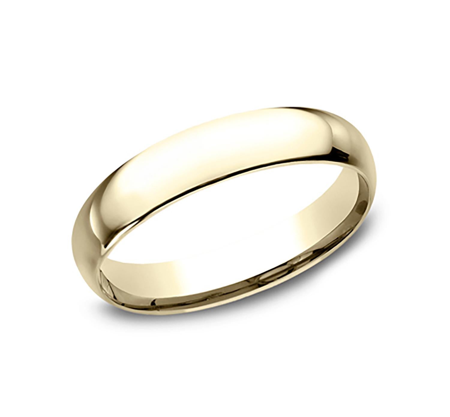 Benchmark wedding band in 14K yellow gold polished finish. Width 4mm, high dome comfort fit. Custom engraving and finishing available. Size 11 US and resizable upon request. Available in 1/4, 1/2, and 3/4 sizes, for more information please message