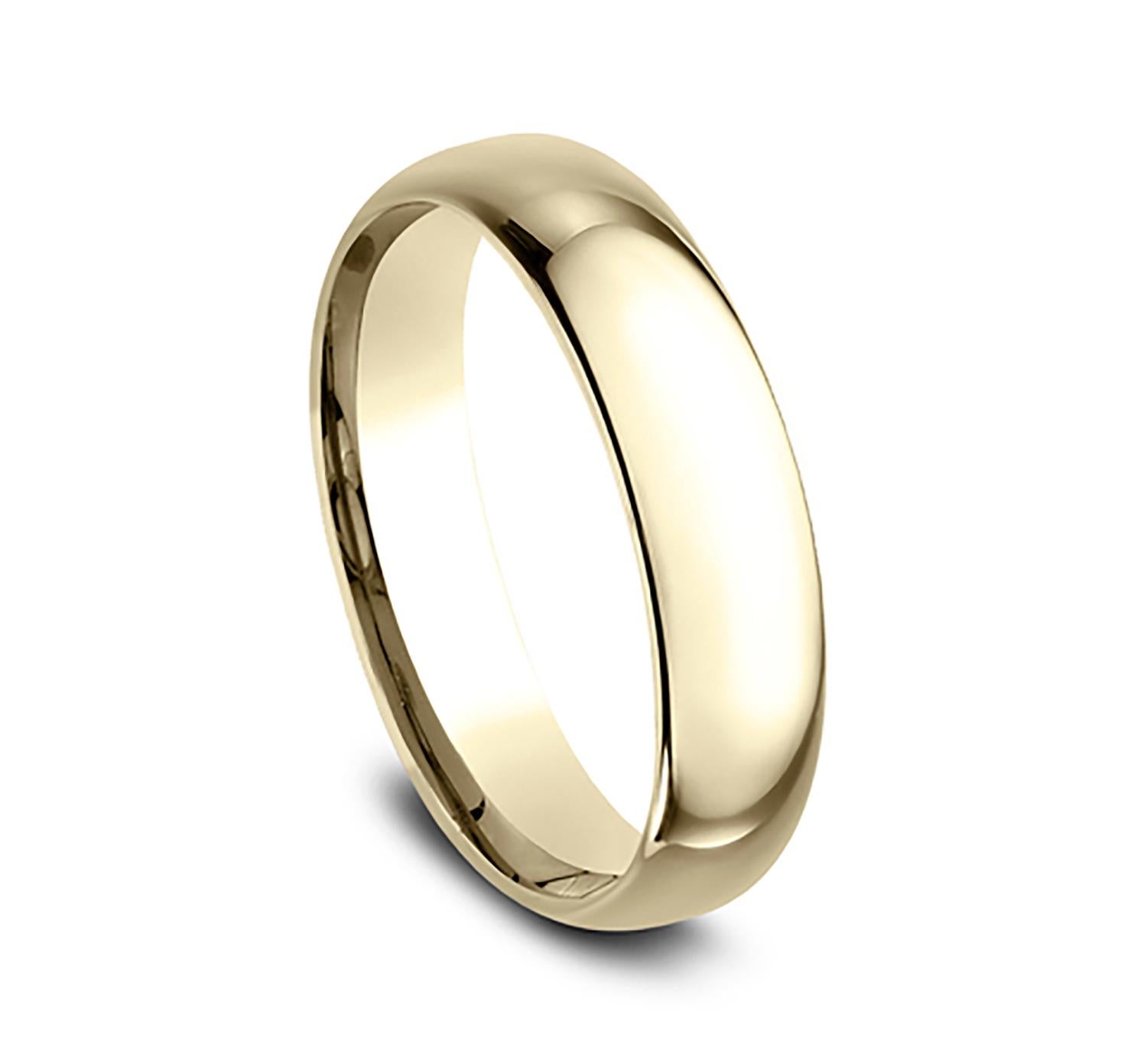 Benchmark wedding band in 14K yellow gold polished finish. Width 5mm, high dome comfort fit. Custom engraving and finishing available. Size 10 US and resizable upon request. Available in 1/4, 1/2, and 3/4 sizes, for more information please message