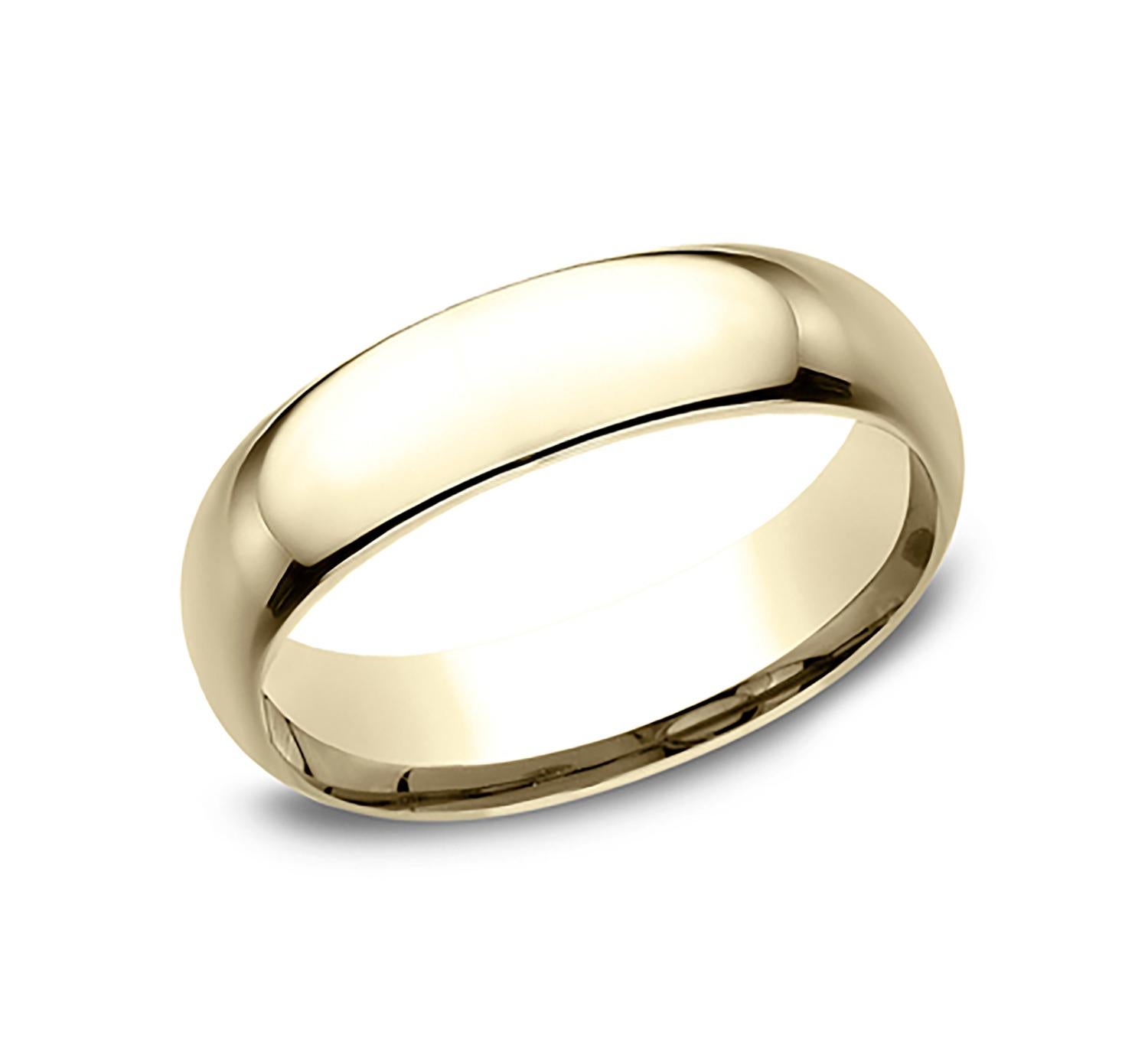 Benchmark wedding band in 14K yellow gold polished finish. Width 6mm, high dome comfort fit. Custom engraving and finishing available. Size 10 US and resizable upon request. Available in 1/4, 1/2, and 3/4 sizes, for more information please message