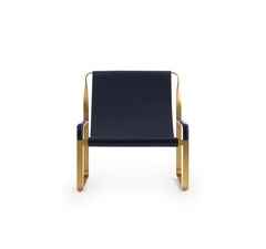 Classic Contemporary Chaise Lounge Aged Brass Steel & Navy Blue Leather Sample