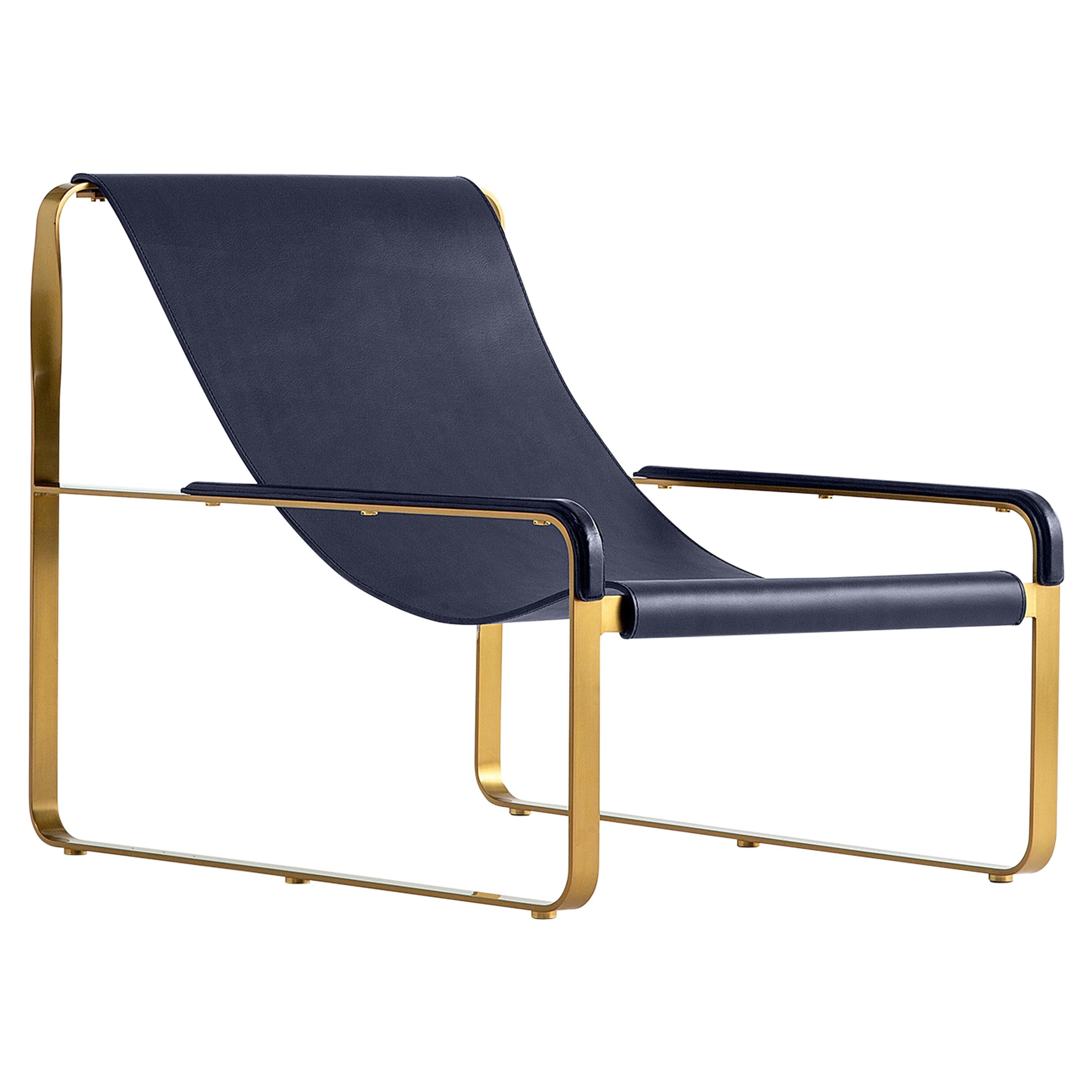 Classic Contemporary Chaise Lounge Aged Brass Steel & Navy Blue Leather Sample For Sale