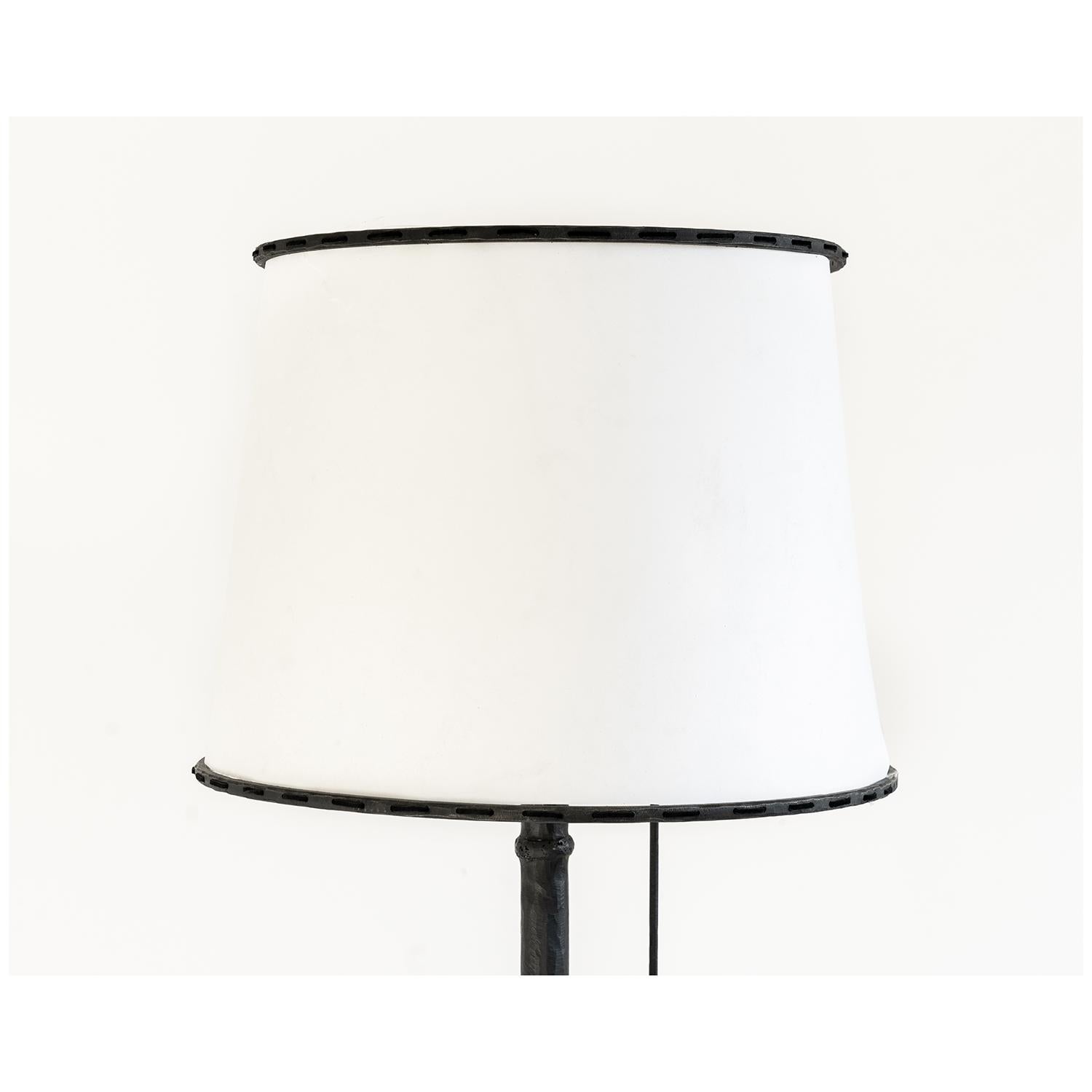 American Floor Lamp Classic Contemporary Hand-sculpted Blackened Steel and Linen Shade For Sale