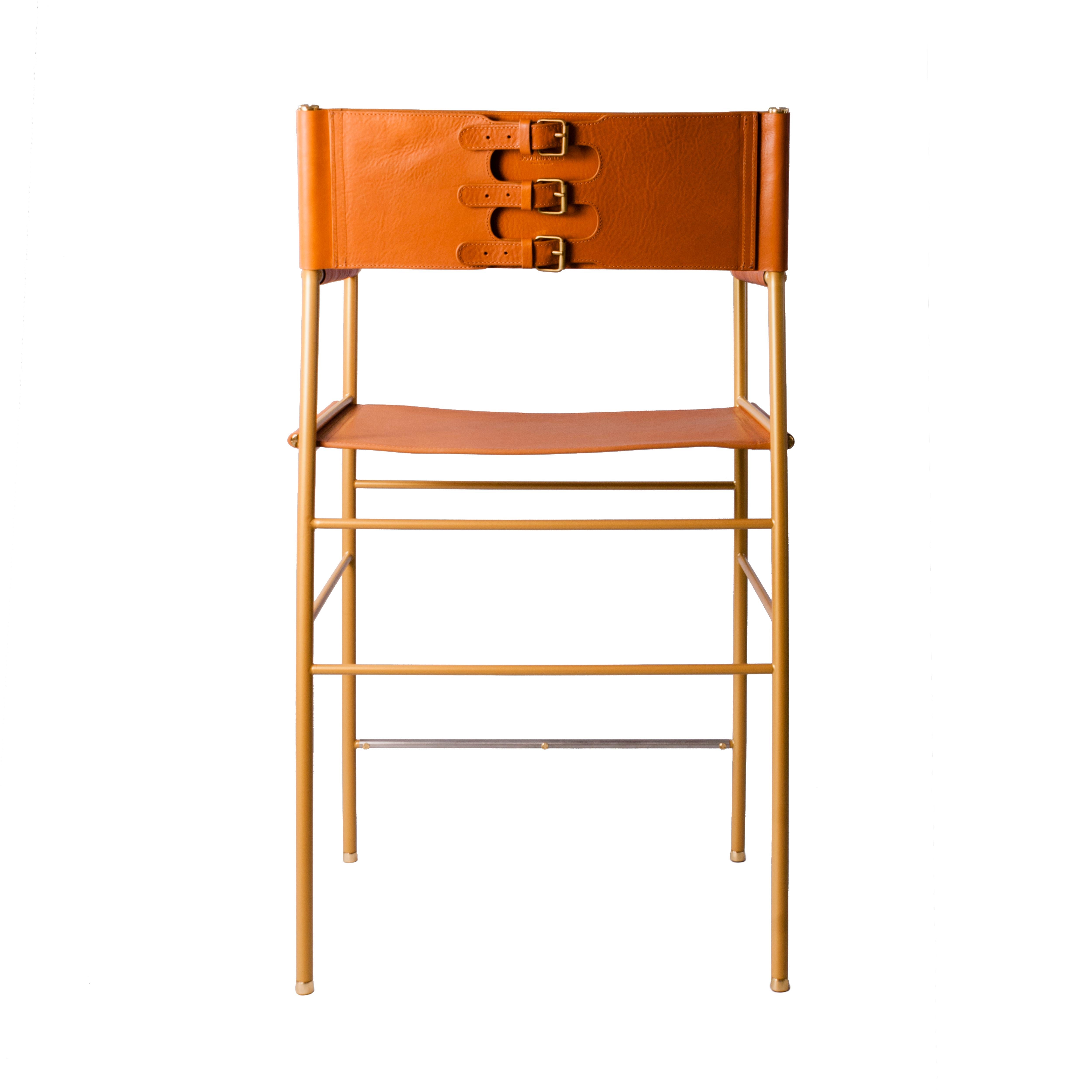 Sgabello da banco classico con. Schienale in pelle cognac e gomma nera in metallo in vendita 4