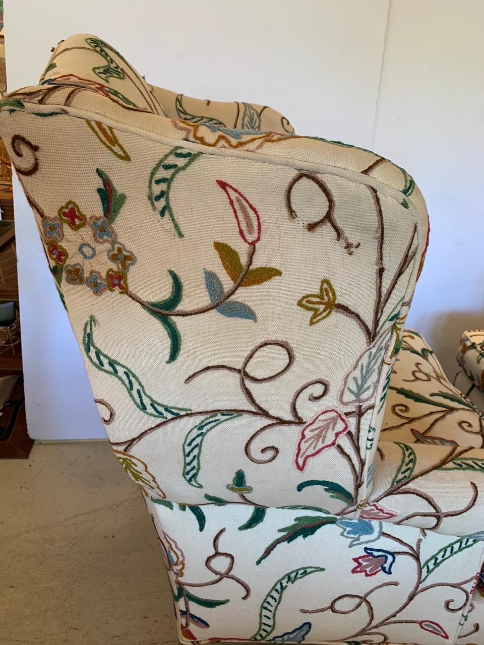 Classic Crewel Upholstered Wingback Chairs In Good Condition In Hopewell, NJ