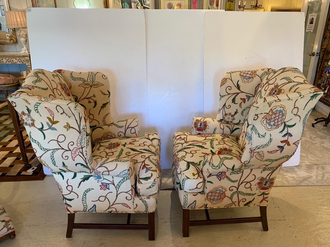 Mid-20th Century Classic Crewel Upholstered Wingback Chairs