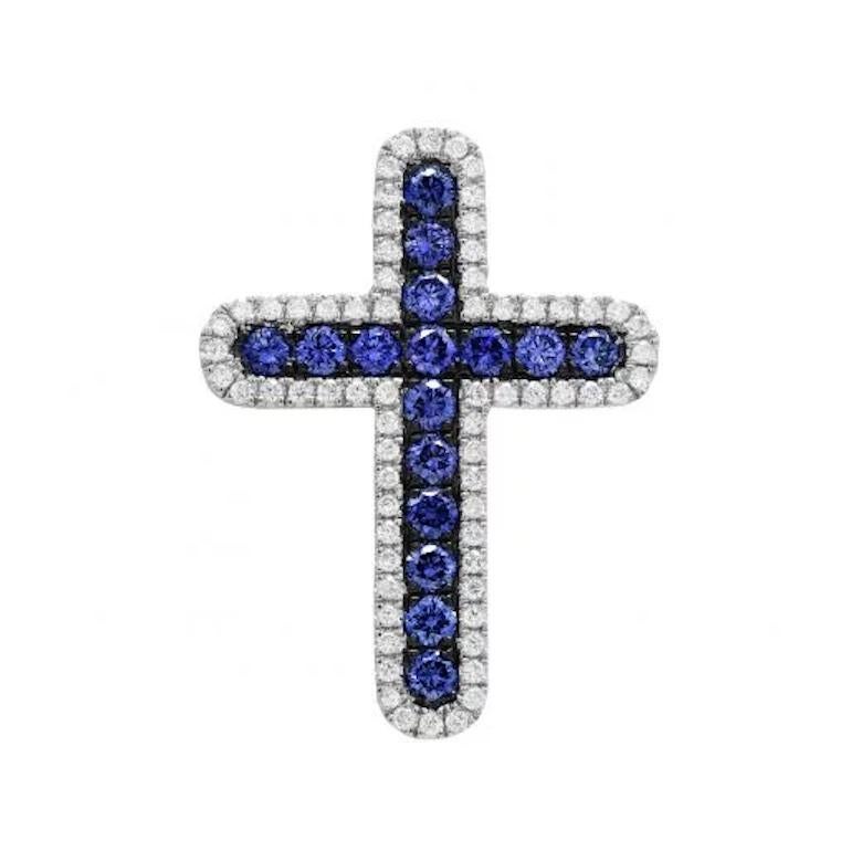 Baguette Cut Classic Cross Blue Sapphire Diamond White 14k Gold Pendant for Her For Sale