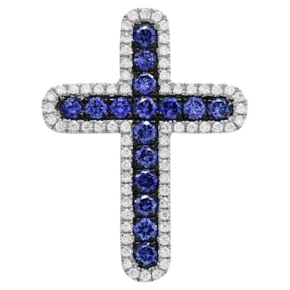 Classic Cross Blue Sapphire Diamond White 14k Gold Pendant for Her For Sale