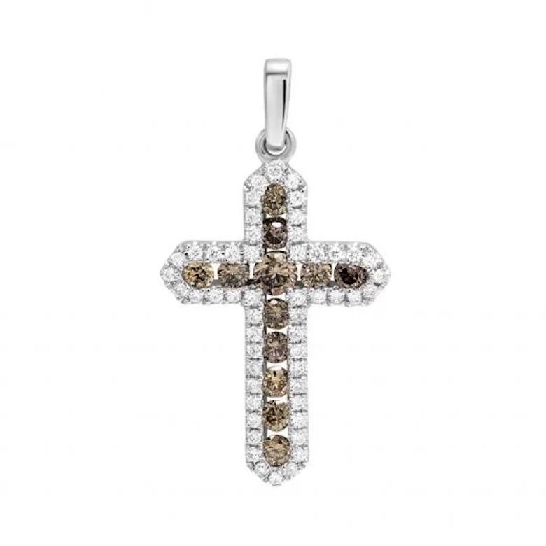 Modern Classic Cross Cognac Diamond White 14k Gold Pendant for Her For Sale