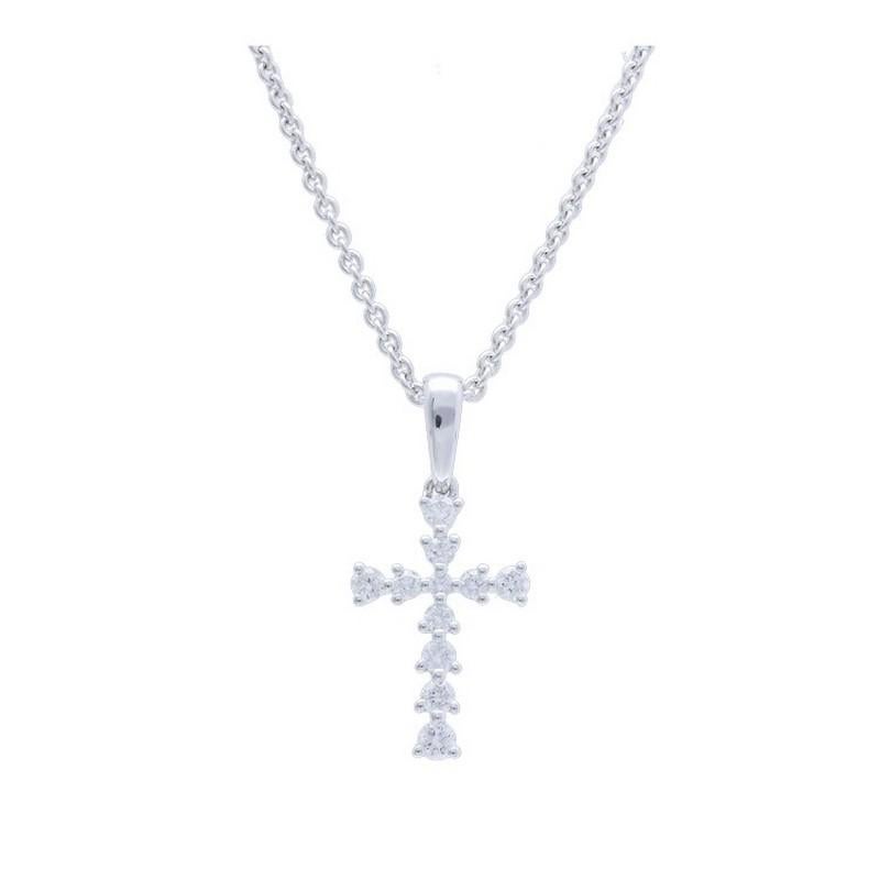 Taille ronde Pendentif croix classique en or blanc 14K serti de diamants de 0,15 carat en vente