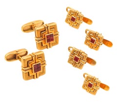Retro Classic Cufflinks And Shirt Studs Set 18Kt Yellow Gold With 1.80 Ctw In Rubies