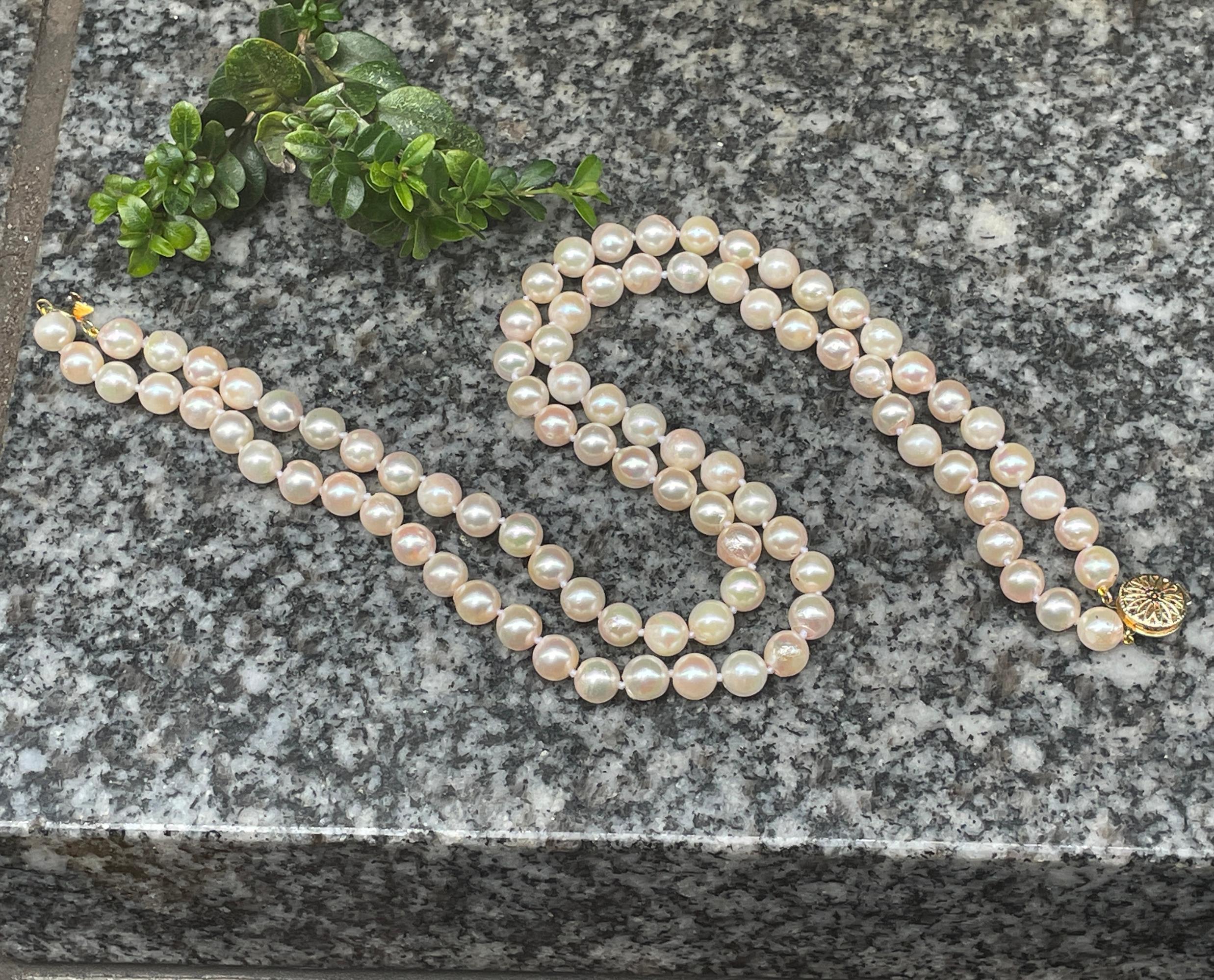 Classic Cultured Japanese Pearl White Double Strand Vintage Necklace 14k YG 11