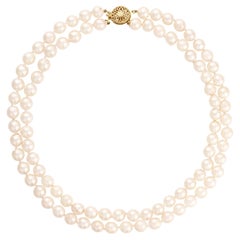 Classic Cultured Japanese Pearl White Double Strand Vintage Necklace 14k YG