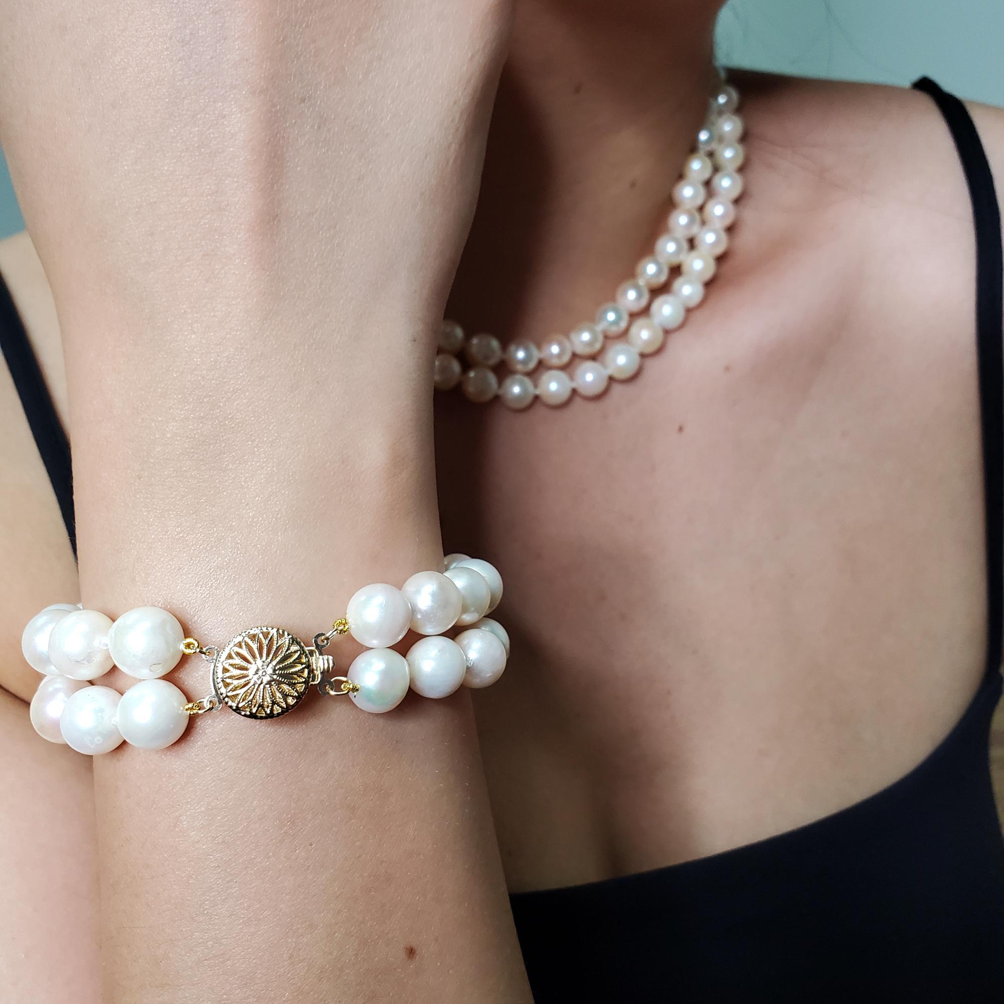 Classic Cultured Japanese Pearl White Double Strand Vintage Bracelet 14k YG For Sale 7
