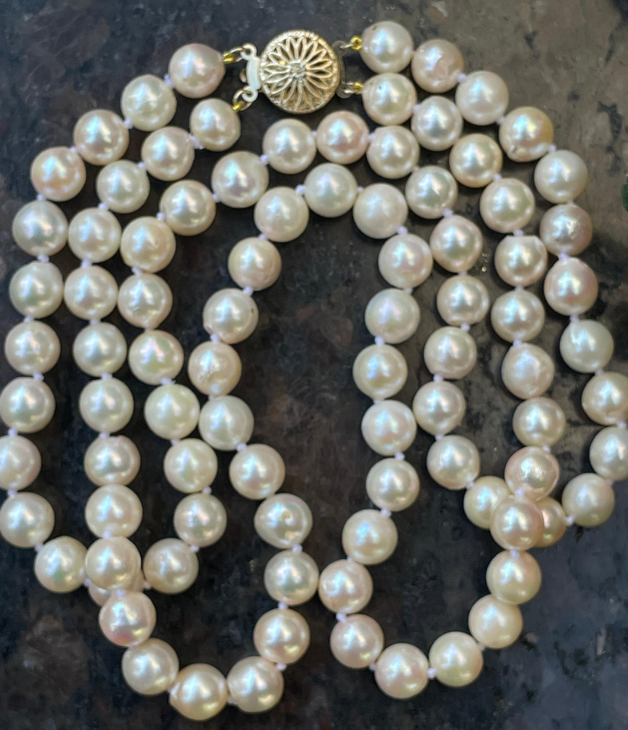 Classic Cultured Japanese Pearl White Double Strand Vintage Necklace 14k YG For Sale 7