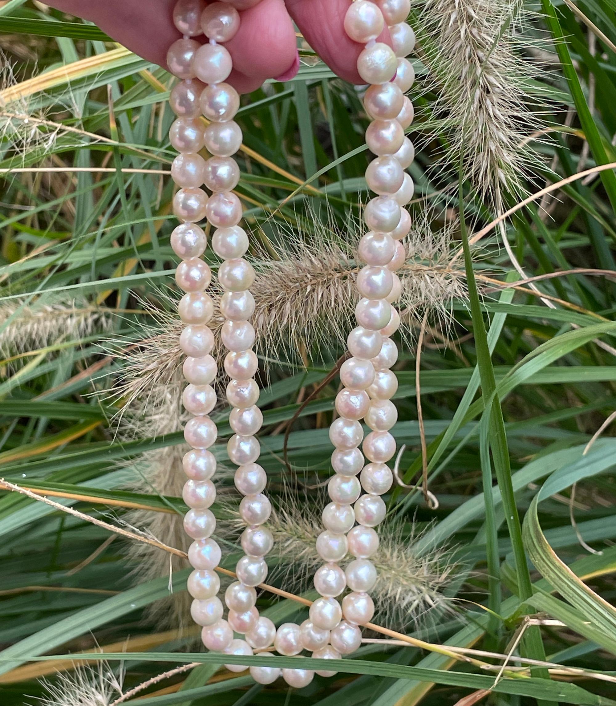Classic Cultured Japanese Pearl White Double Strand Vintage Necklace 14k YG For Sale 12