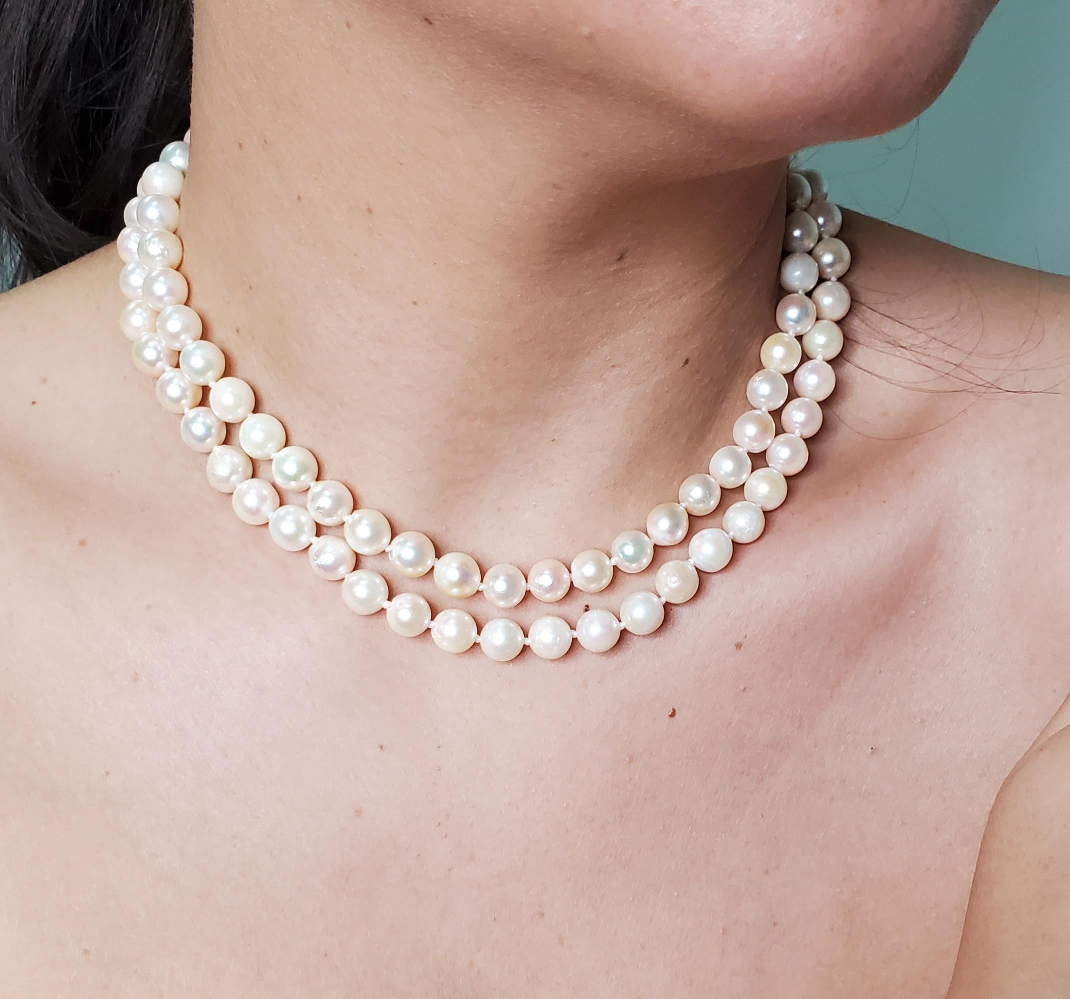Contemporary Classic Cultured Japanese Pearl White Double Strand Vintage Necklace 14k YG For Sale