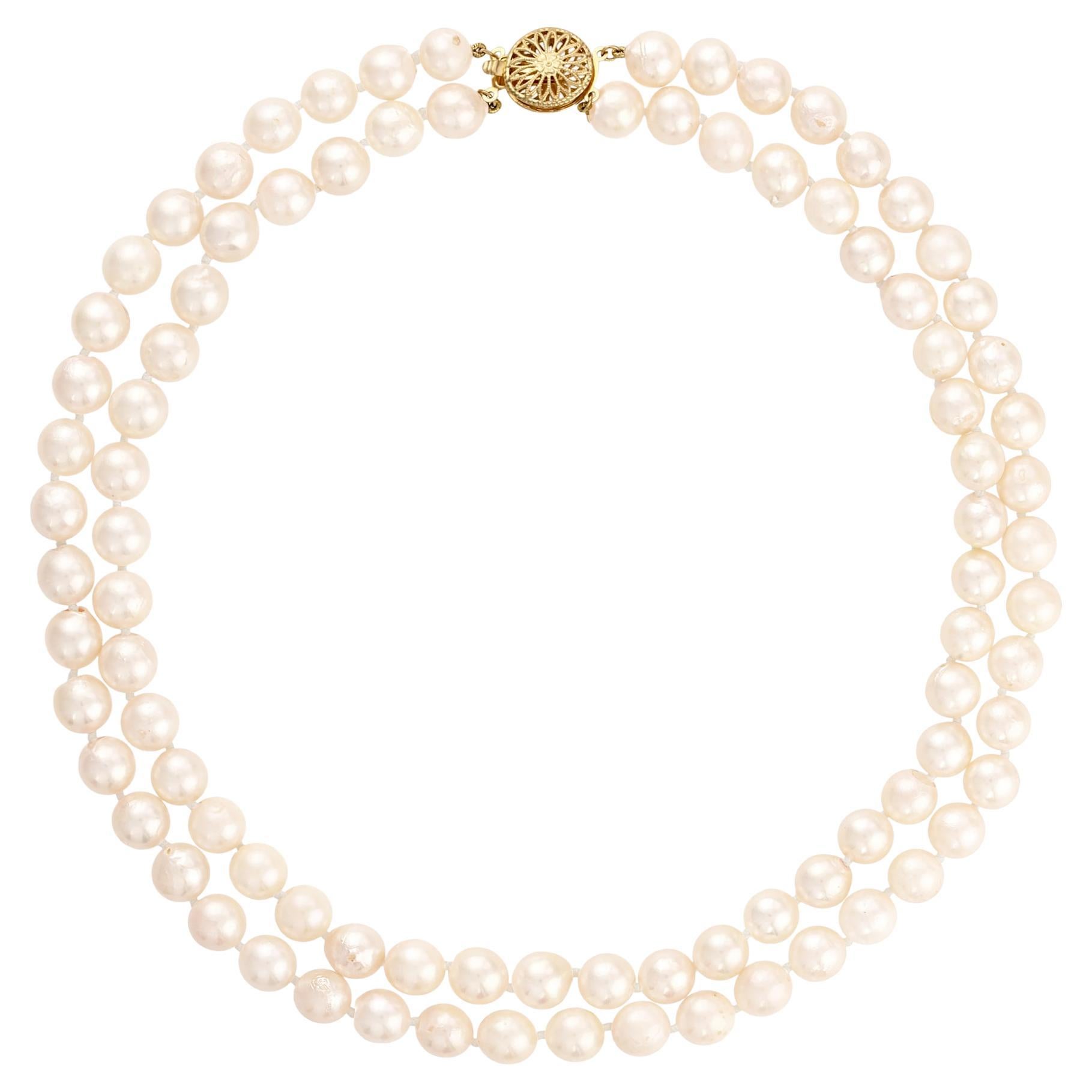 Classic Cultured Japanese Pearl White Double Strand Vintage Necklace 14k YG For Sale