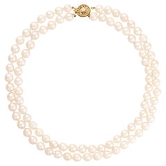 Classic Cultured Japanese Pearl White Double Strand Vintage Necklace 14k YG