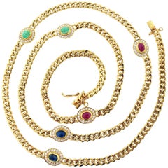 Classic Curb Link Multi-Stone and Diamond 18 Karat Necklace