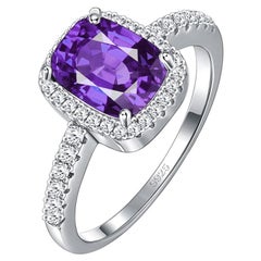 Classic Cushion Amethyst Purple Cubic Zirconia, Sterling Silver Halo Ring