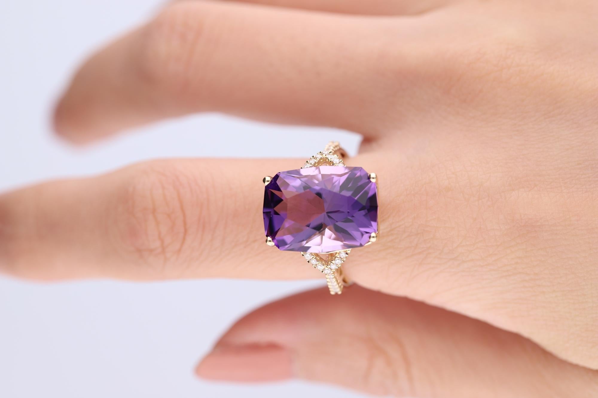 Decorate yourself in elegance with this Ring is crafted from 14-karat Yellow Gold by Gin & Grace Earring. This Ring is made up of Cushion-cut (1 pcs) 11.85 carat Amethyst and Round-cut White Diamond (26 pcs) 0.13 carat. This Ring is weight 3.65
