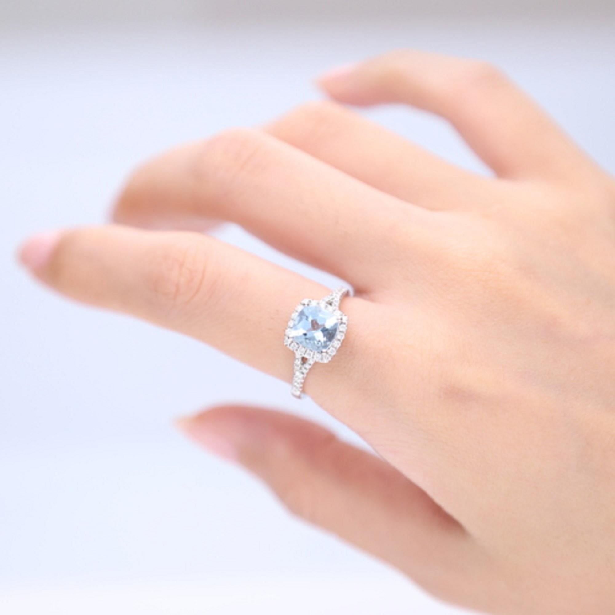 Stunning, timeless and classy eternity Unique Ring. Decorate yourself in luxury with this Gin & Grace Ring. The 14k White Gold jewelry boasts Cushion cut Prong Setting Genuine Aquamarine (1 pcs) 1.47 Carat, along with Natural Round cut white Diamond