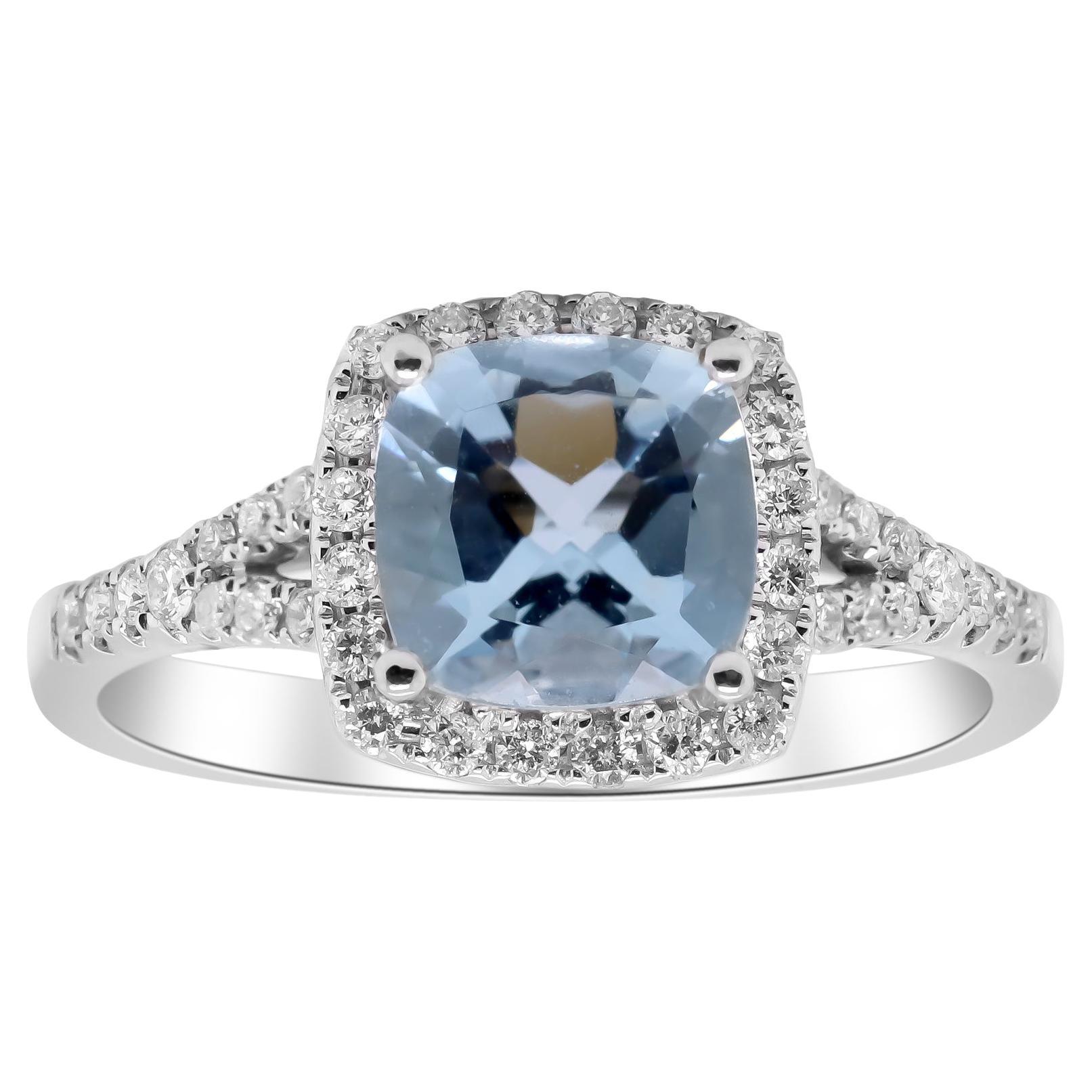 Women's Classic Cushion Cut Aquamarine and Round Cut White Diamond 14K White Gold Ring For Sale