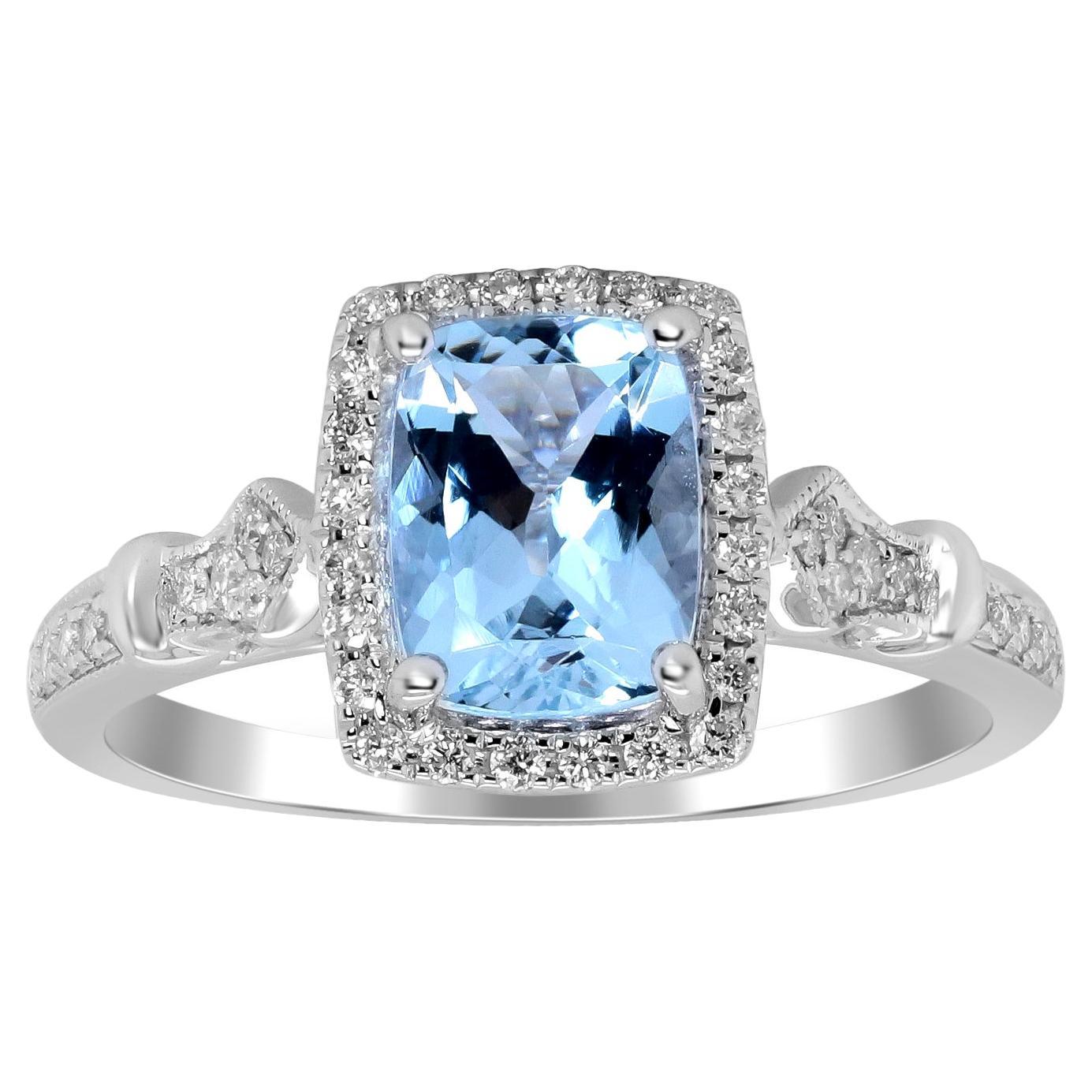 Classic Cushion-Cut Aquamarine with Round-Cut Diamond 14k White Gold Ring For Sale