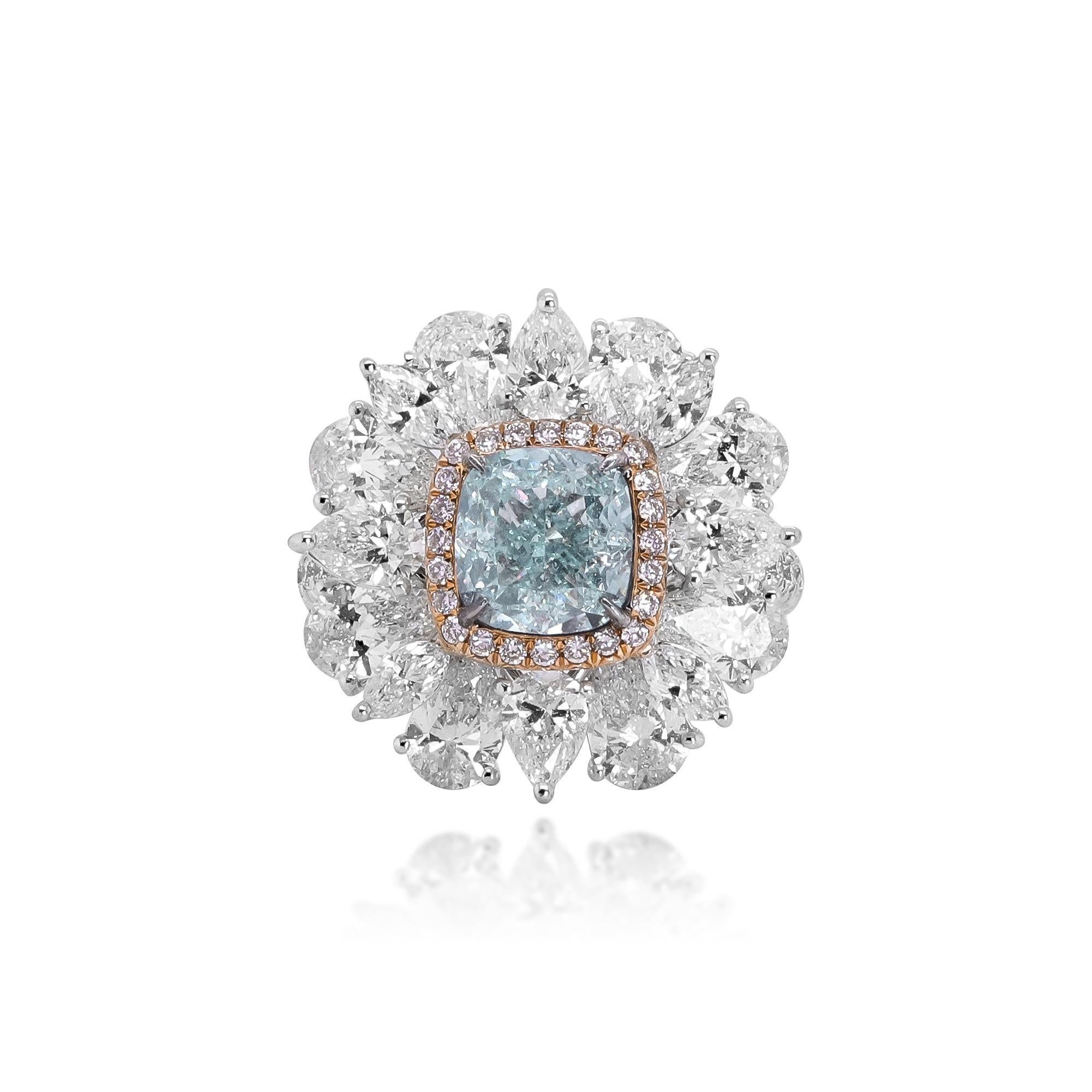 Classic Cushion-Cut Blue Diamond with Pink & White Diamonds Platinum Ring In New Condition For Sale In New York, NY